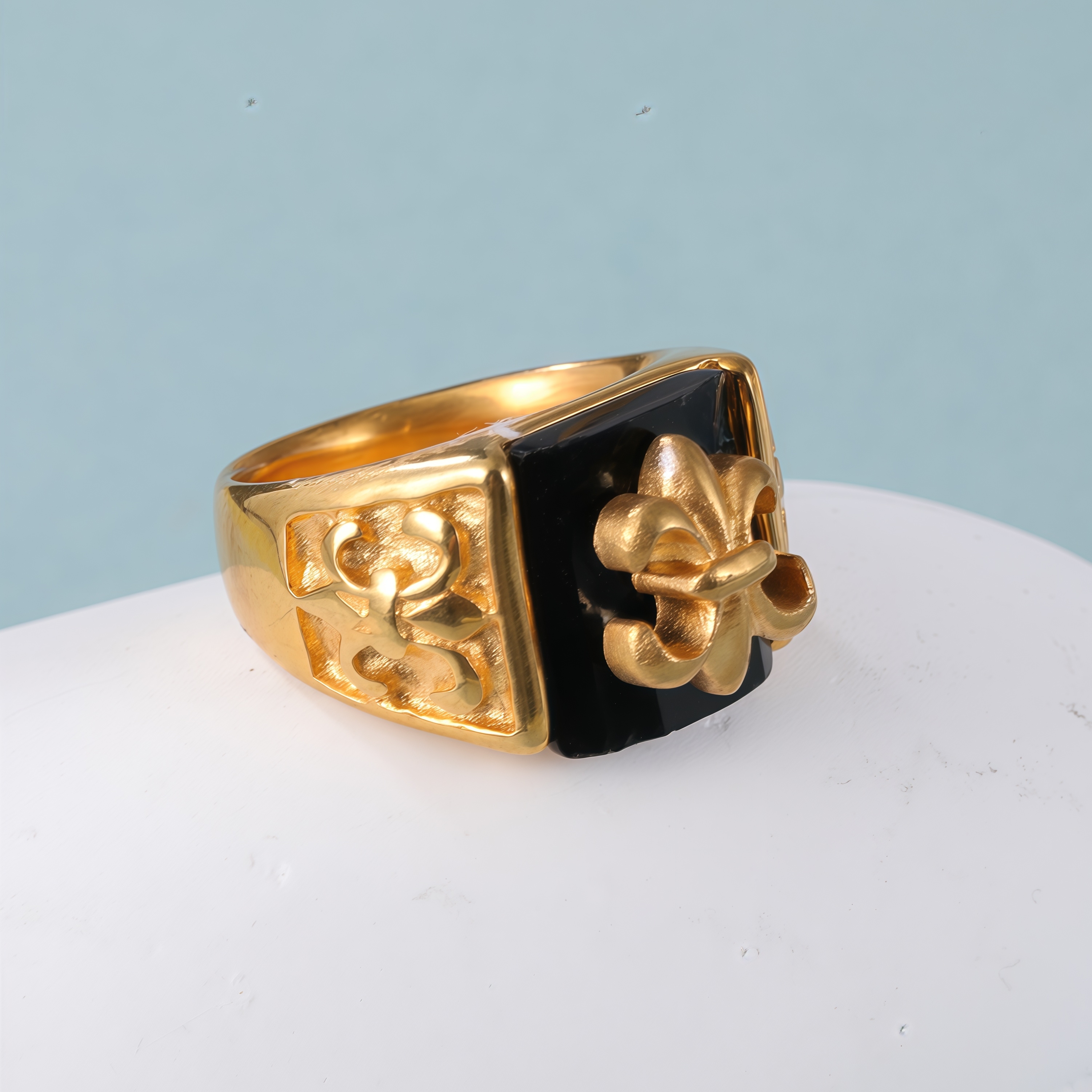 Gold Stainless Steel Ring with Black Gemstone and Cross Carving, Classic Vintage Style, Perfect Fashion Ring for Men, Ideal Gift-JinBaoJewerly