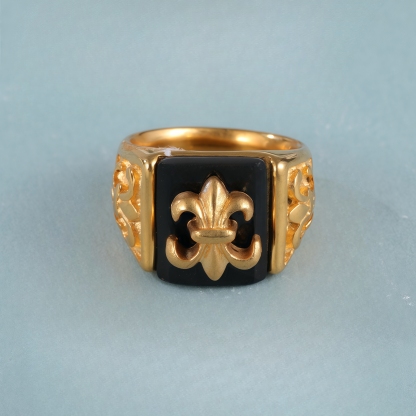 Gold Stainless Steel Ring with Black Gemstone and Cross Carving, Classic Vintage Style, Perfect Fashion Ring for Men, Ideal Gift-JinBaoJewerly