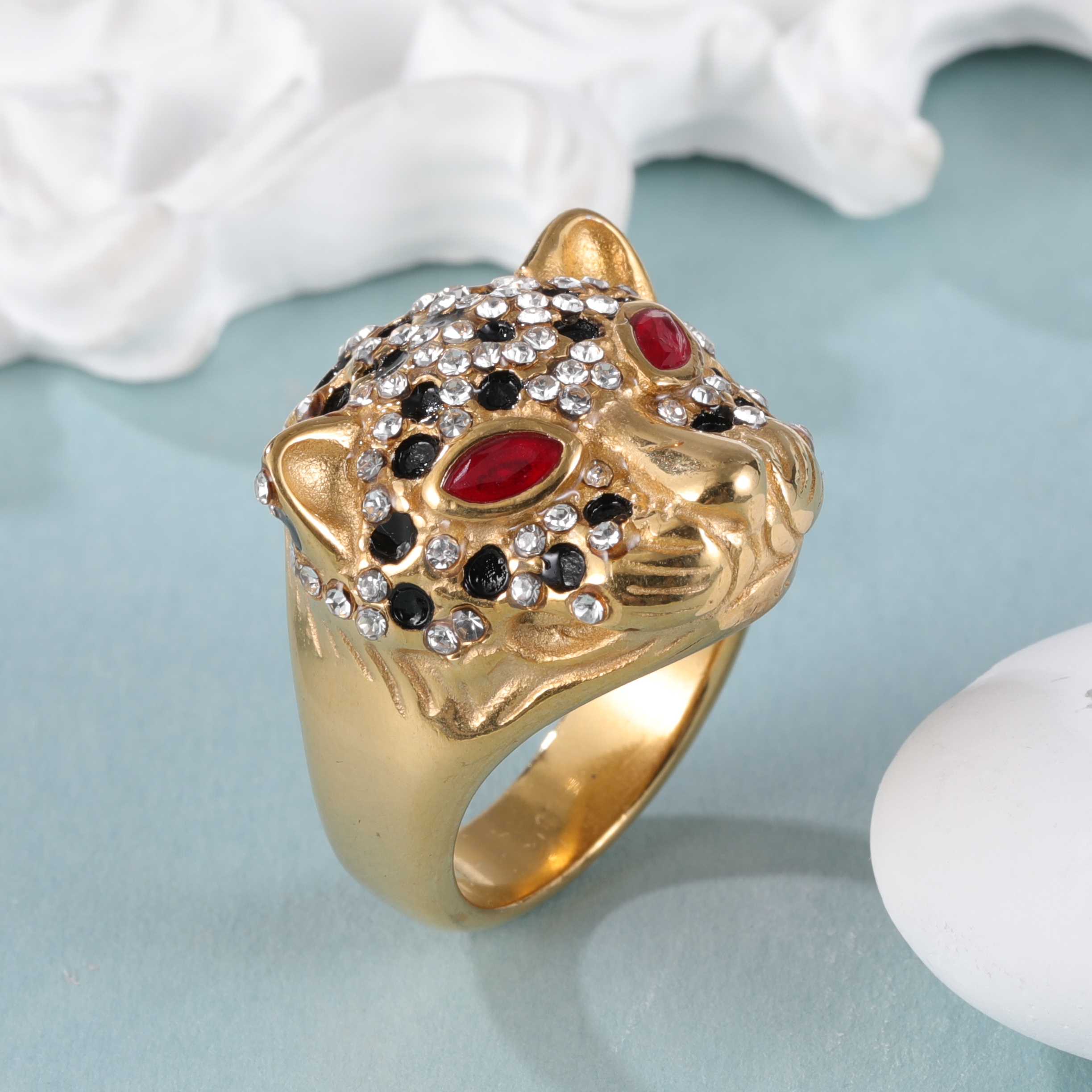 Panther Head Shining Hip Hop Inlaid Red And Black Brick Design Gold Stainless Steel Ring丨G00981-JinBaoJewerly