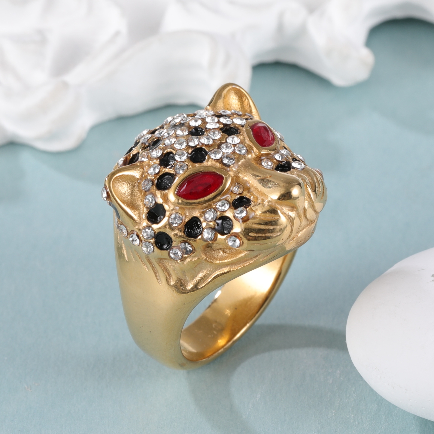 Panther Head Shining Hip Hop Inlaid Red And Black Brick Design Gold Stainless Steel Ring丨G00981-JinBaoJewerly