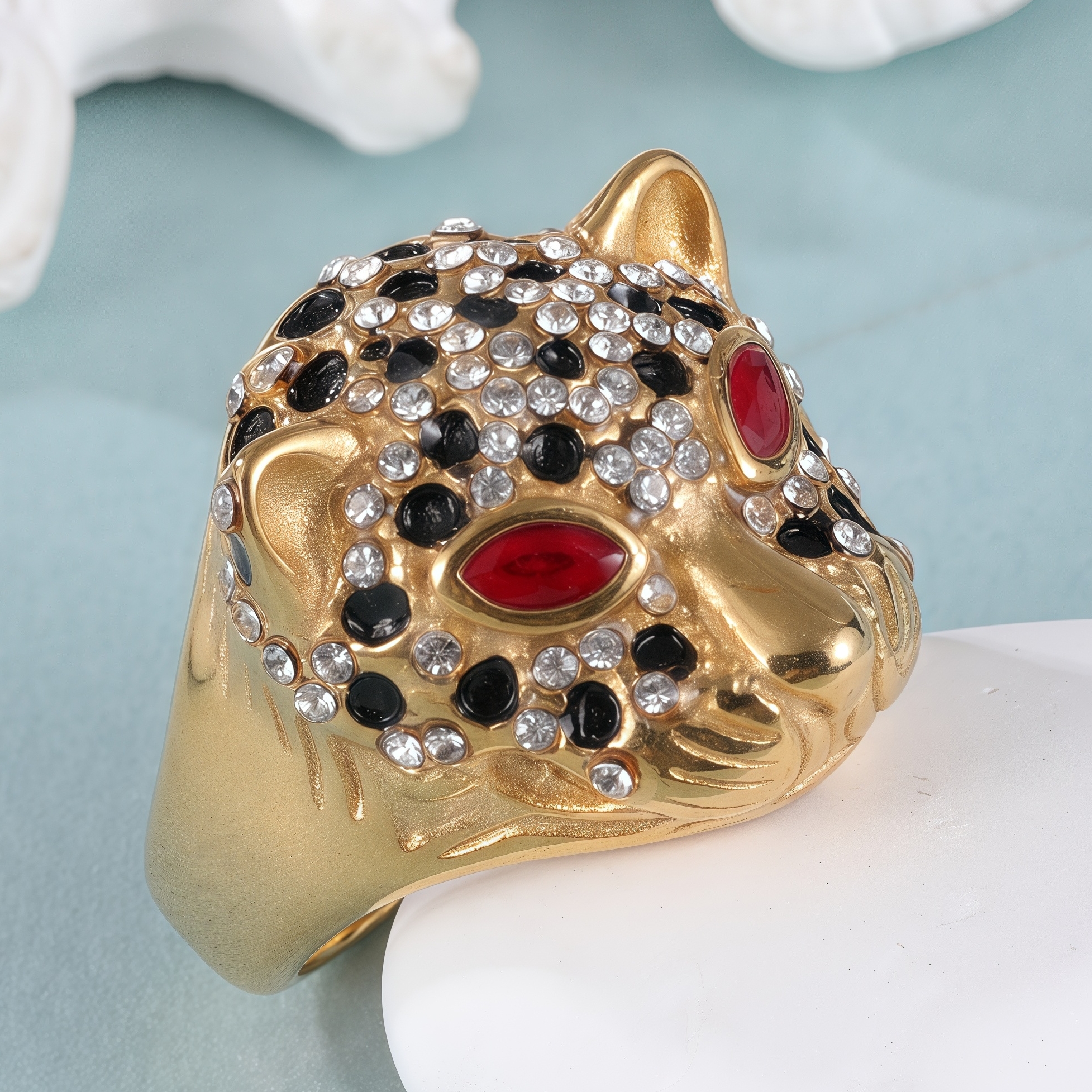 Panther Head Shining Hip Hop Inlaid Red And Black Brick Design Gold Stainless Steel Ring丨G00981-JinBaoJewerly