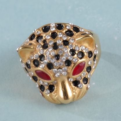 Panther Head Shining Hip Hop Inlaid Red And Black Brick Design Gold Stainless Steel Ring丨G00981-JinBaoJewerly