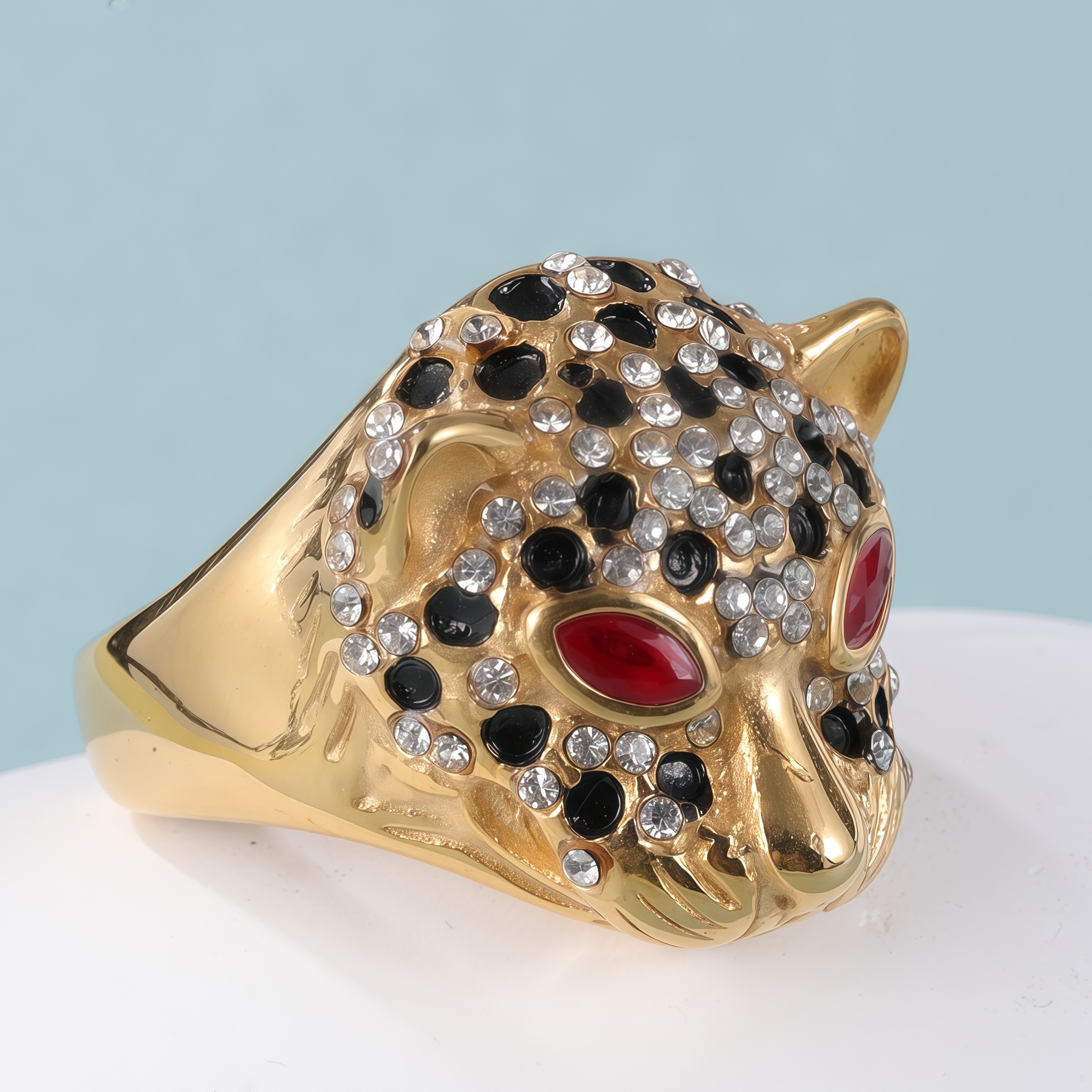 Panther Head Shining Hip Hop Inlaid Red And Black Brick Design Gold Stainless Steel Ring丨G00981-JinBaoJewerly