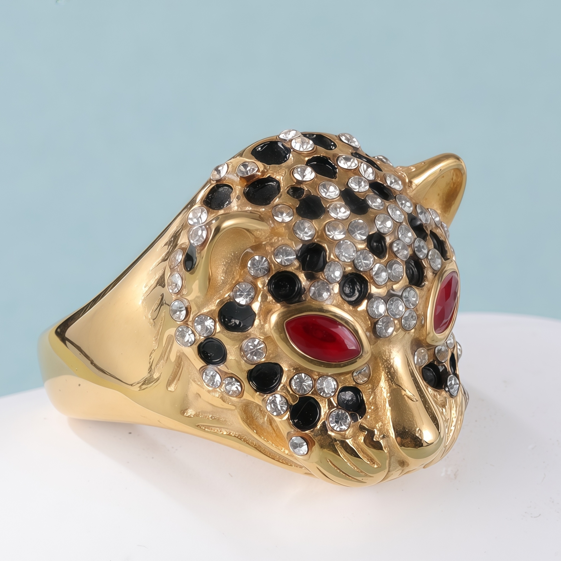 Panther Head Shining Hip Hop Inlaid Red And Black Brick Design Gold Stainless Steel Ring丨G00981-JinBaoJewerly