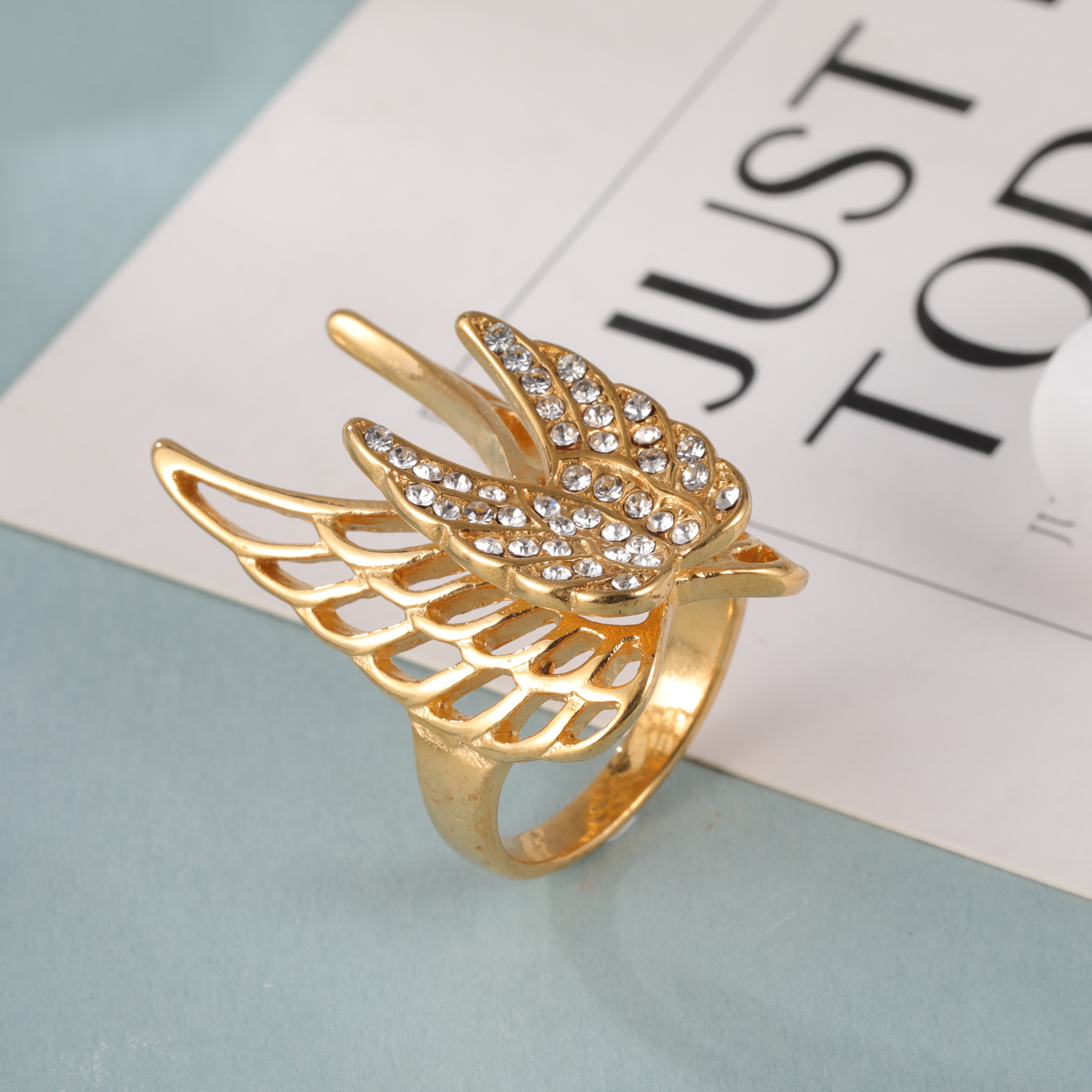 24k Gold Inlaid Crystal Wing Pattern Stainless Steel Female Ring丨C-306-JinBaoJewerly