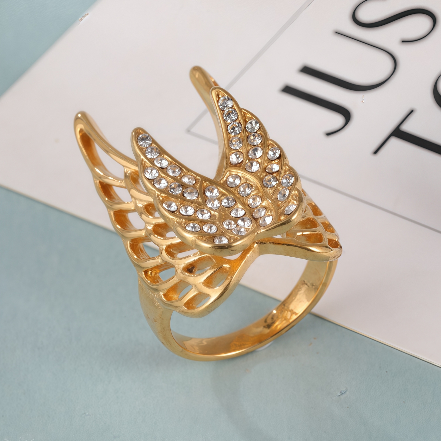 24k Gold Inlaid Crystal Wing Pattern Stainless Steel Female Ring丨C-306-JinBaoJewerly