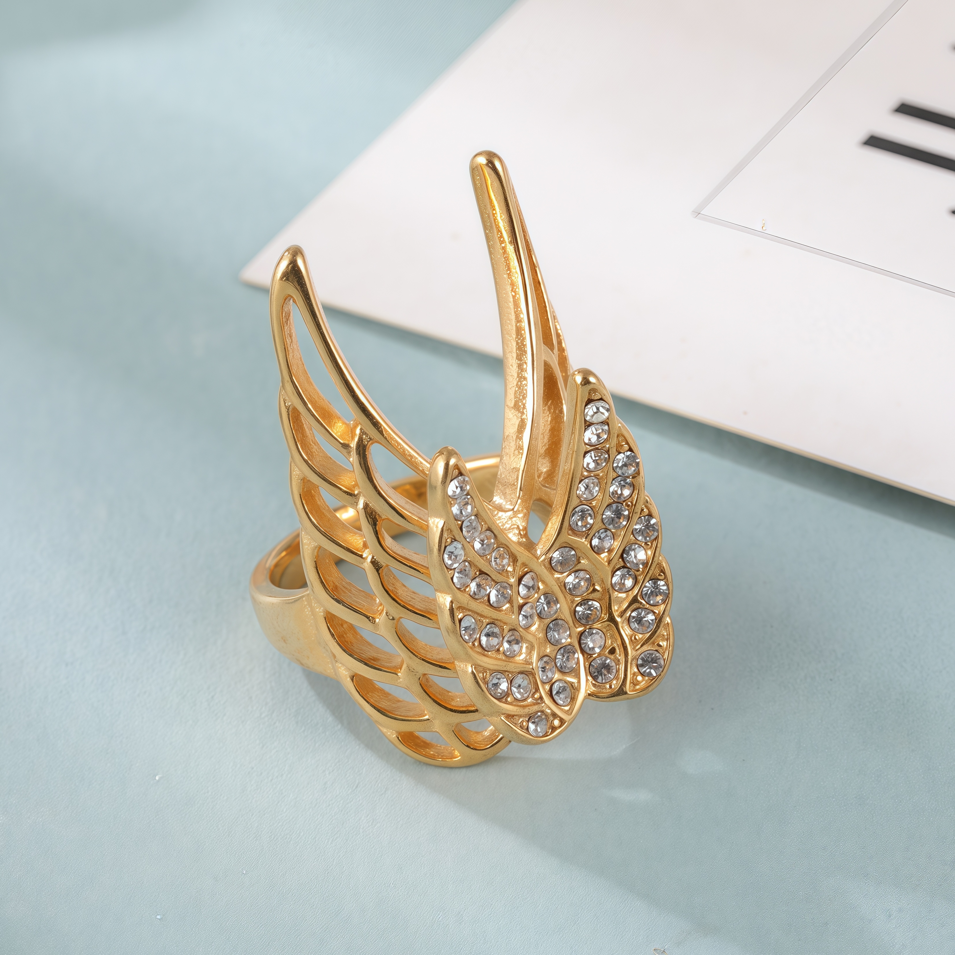 24k Gold Inlaid Crystal Wing Pattern Stainless Steel Female Ring丨C-306-JinBaoJewerly