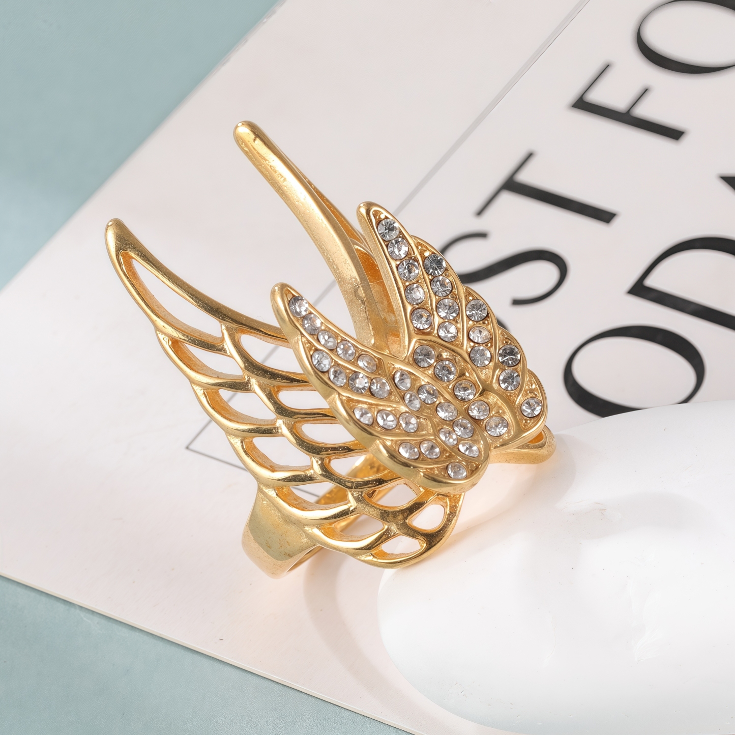 24k Gold Inlaid Crystal Wing Pattern Stainless Steel Female Ring丨C-306-JinBaoJewerly