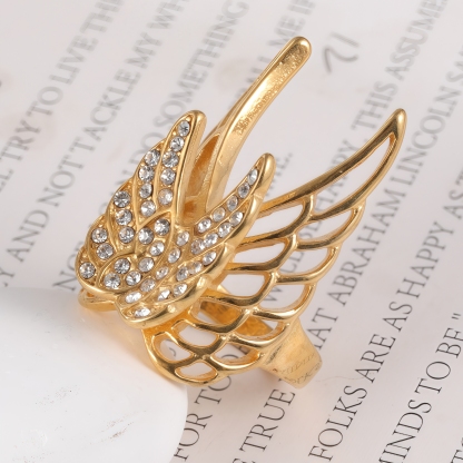 24k Gold Inlaid Crystal Wing Pattern Stainless Steel Female Ring丨C-306-JinBaoJewerly