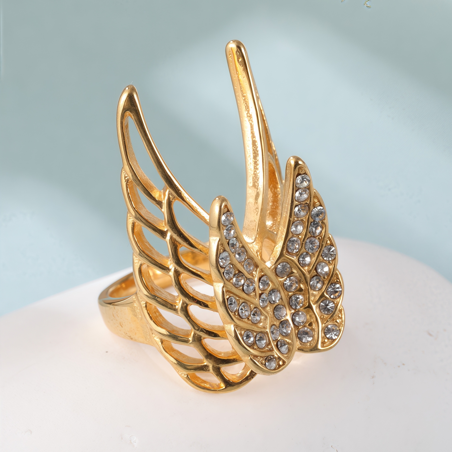 24k Gold Inlaid Crystal Wing Pattern Stainless Steel Female Ring丨C-306-JinBaoJewerly