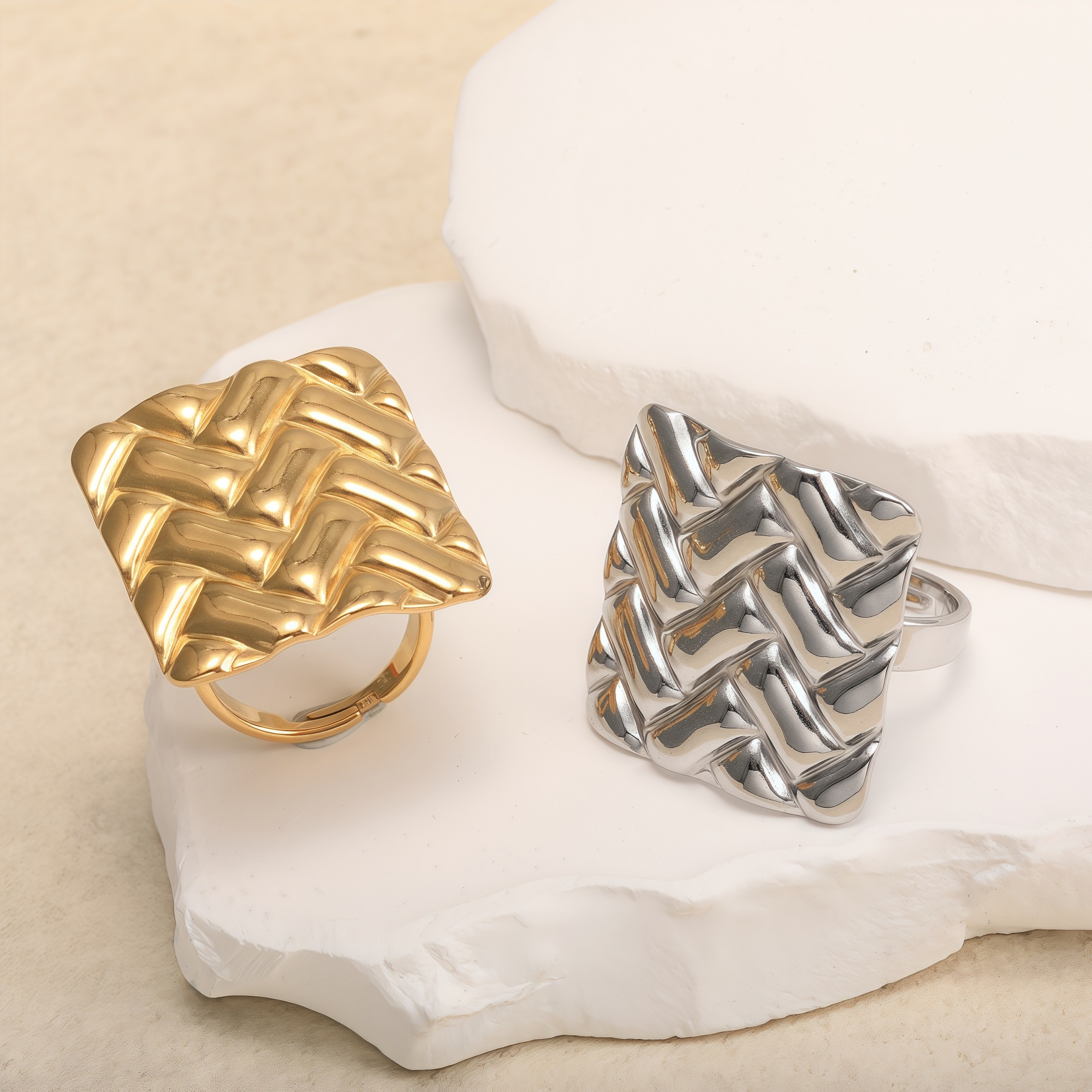 18K Gold Tone Stainless Steel Woven Pattern Square Ring for Women丨G005241-JinBaoJewerly