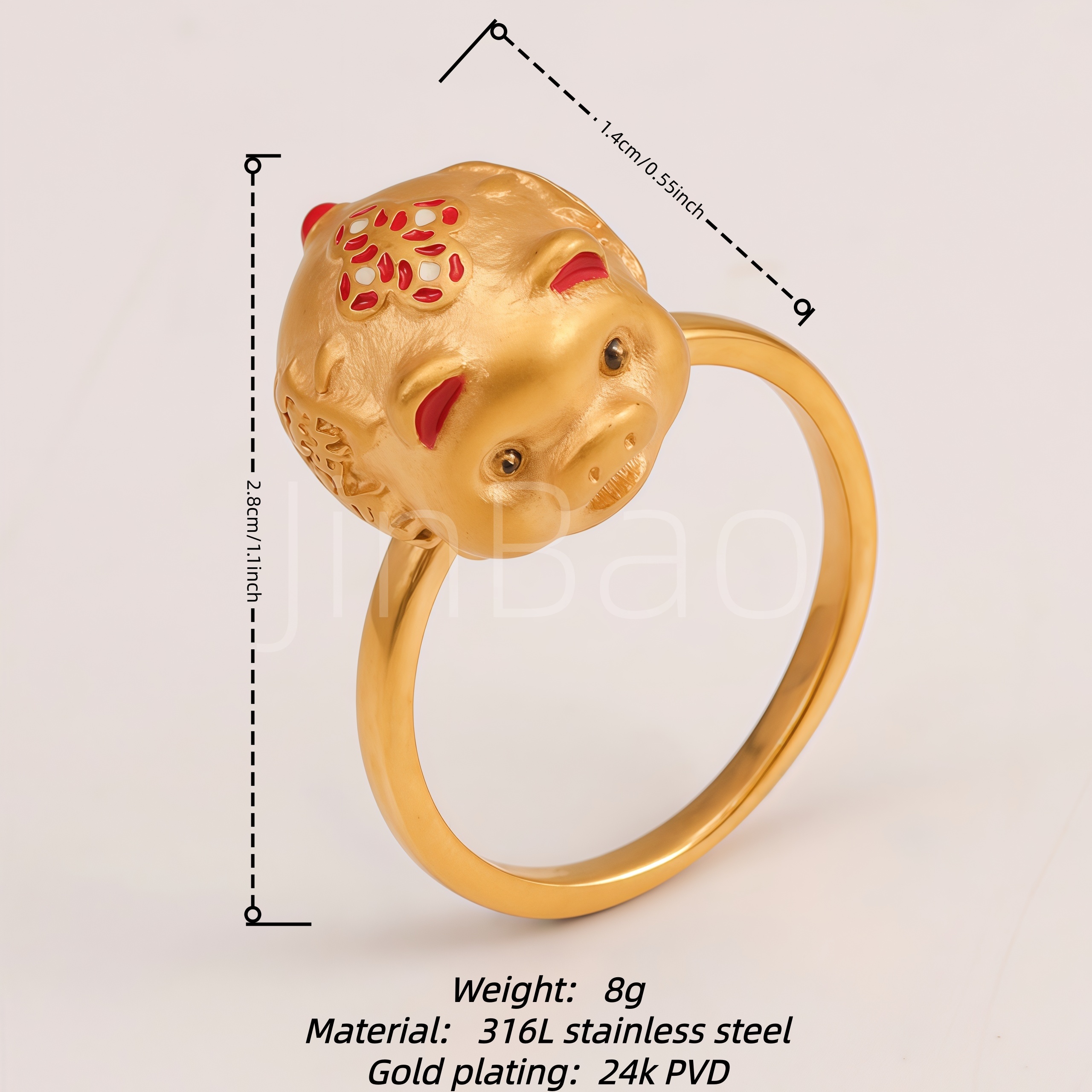 Gold Tone Stainless Steel Women's 3D Lucky Pig Ring | E00190