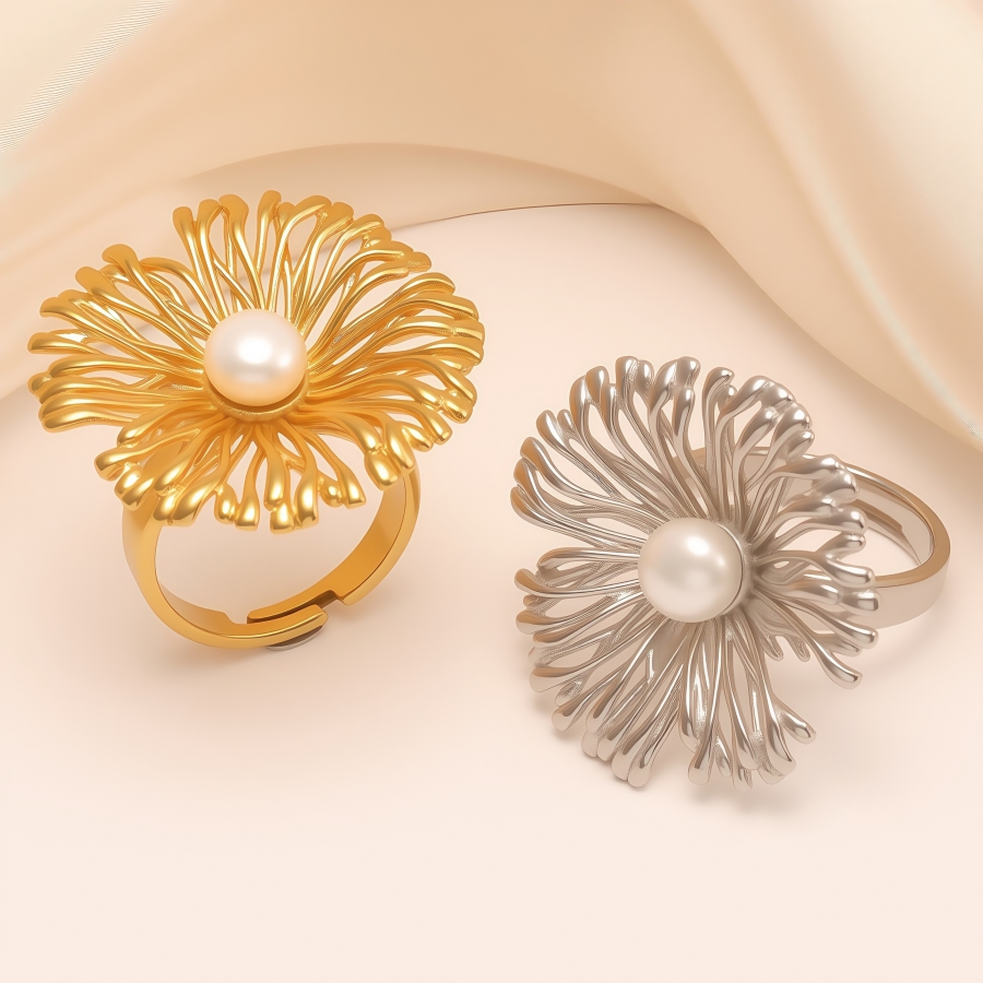Stylish Pearl Flower Stainless Steel Ring Women's Ring | N005530