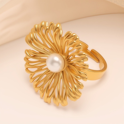 Stylish Pearl Flower Open - Women's Ring, Gold and Silver Versions | N005530-JinBaoJewerly