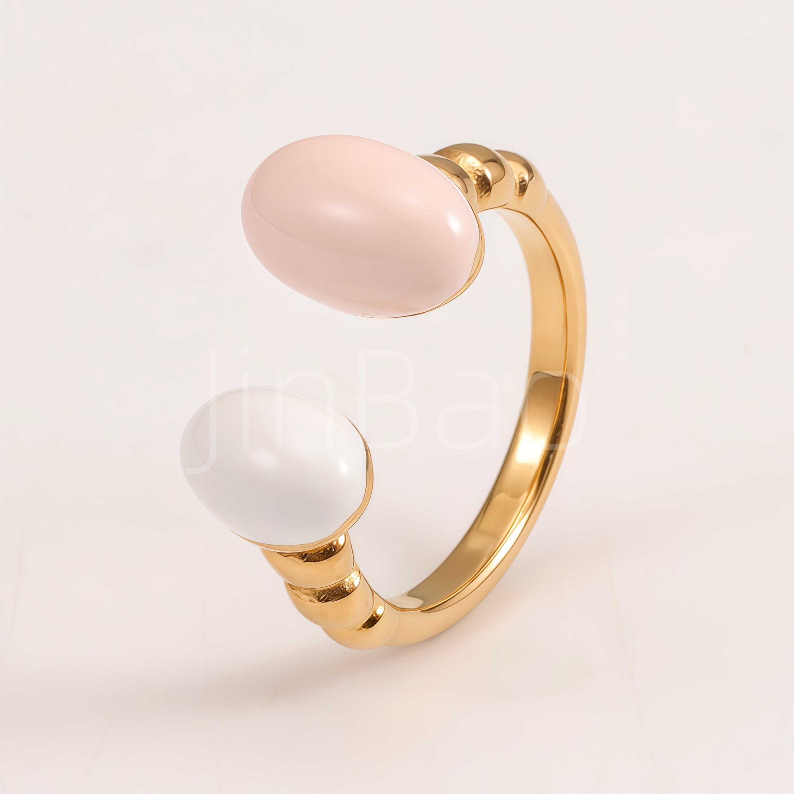 Gold Bypass Pink White Oval Stone Open Cuff Women Ring | N00424