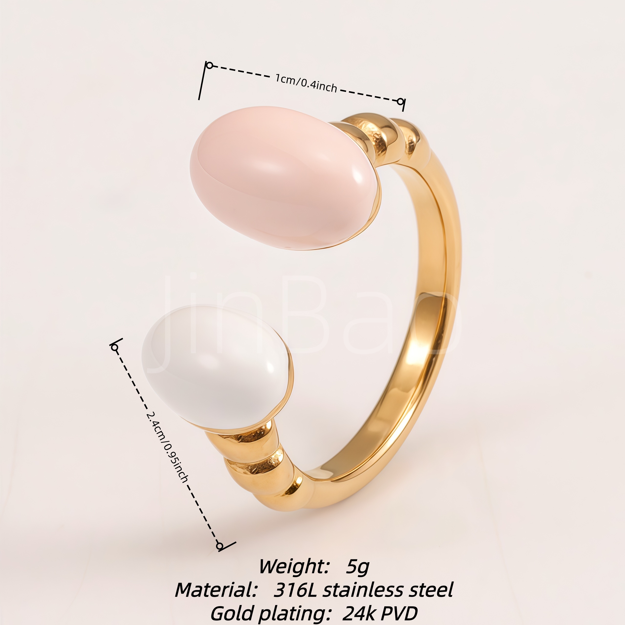 Gold Bypass Pink White Oval Stone Open Cuff Women Ring | N00424