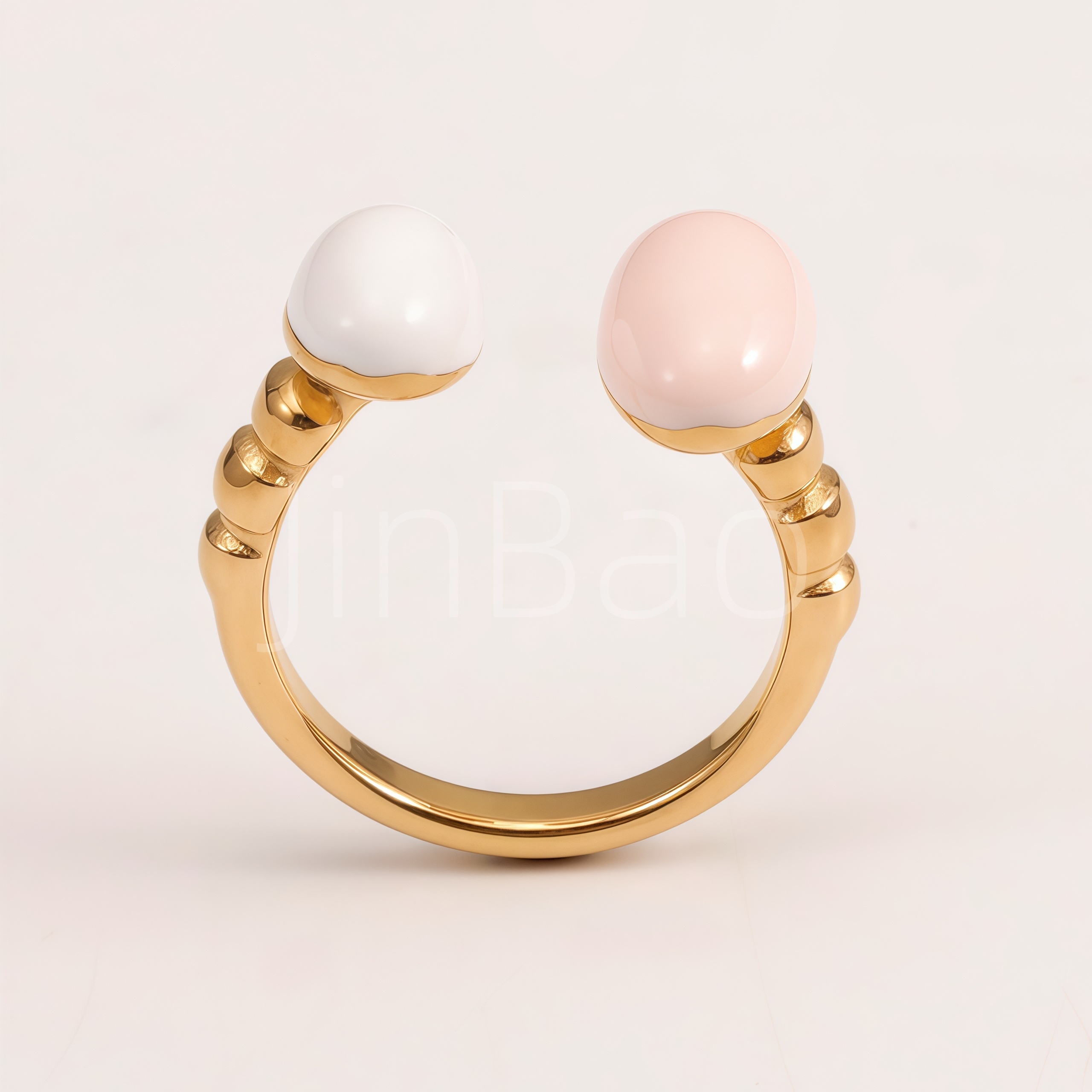 Gold Bypass Pink White Oval Stone Open Cuff Women Ring | N00424