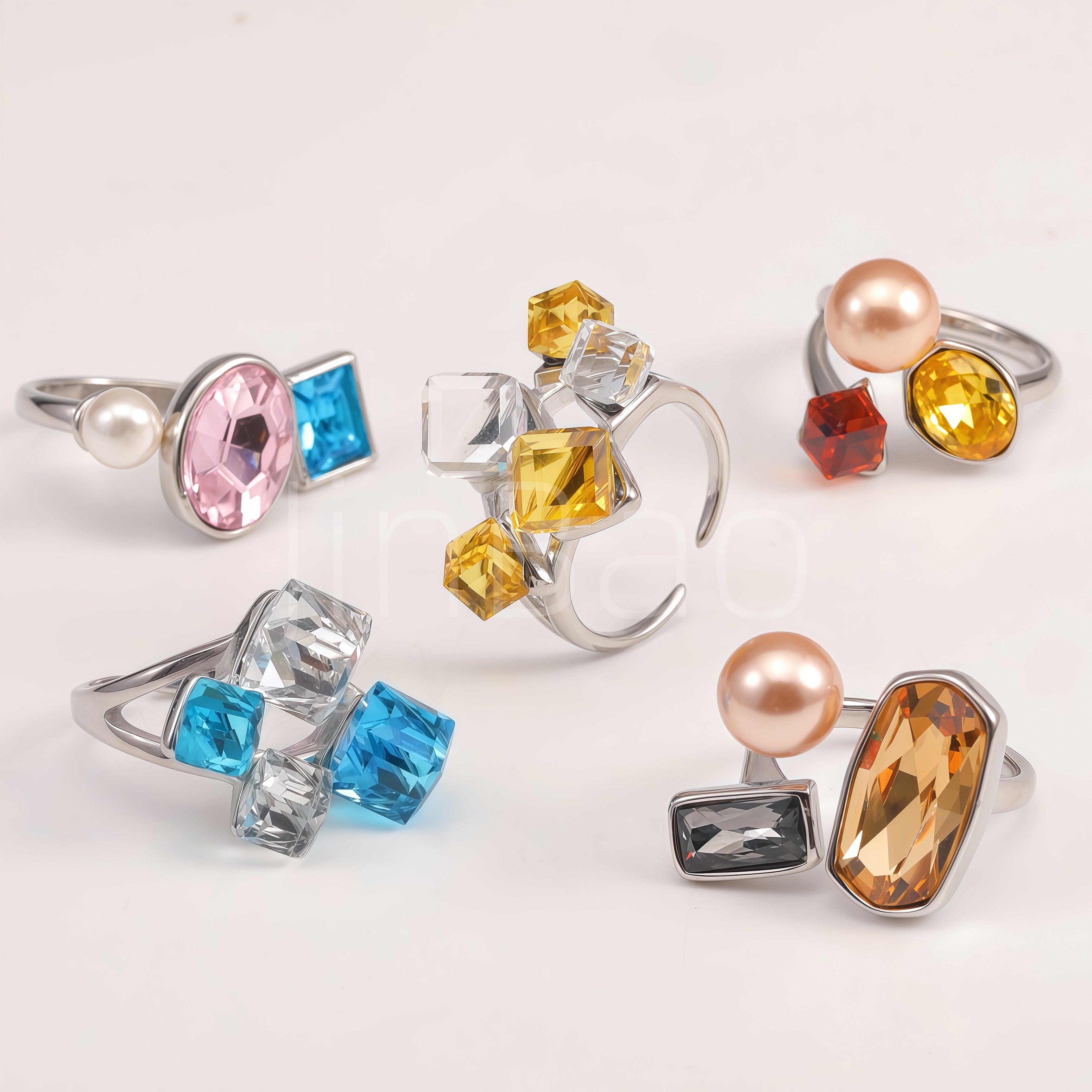 Luxury Multi-color Gem Pearl Stainless Steel Women Finger Ring