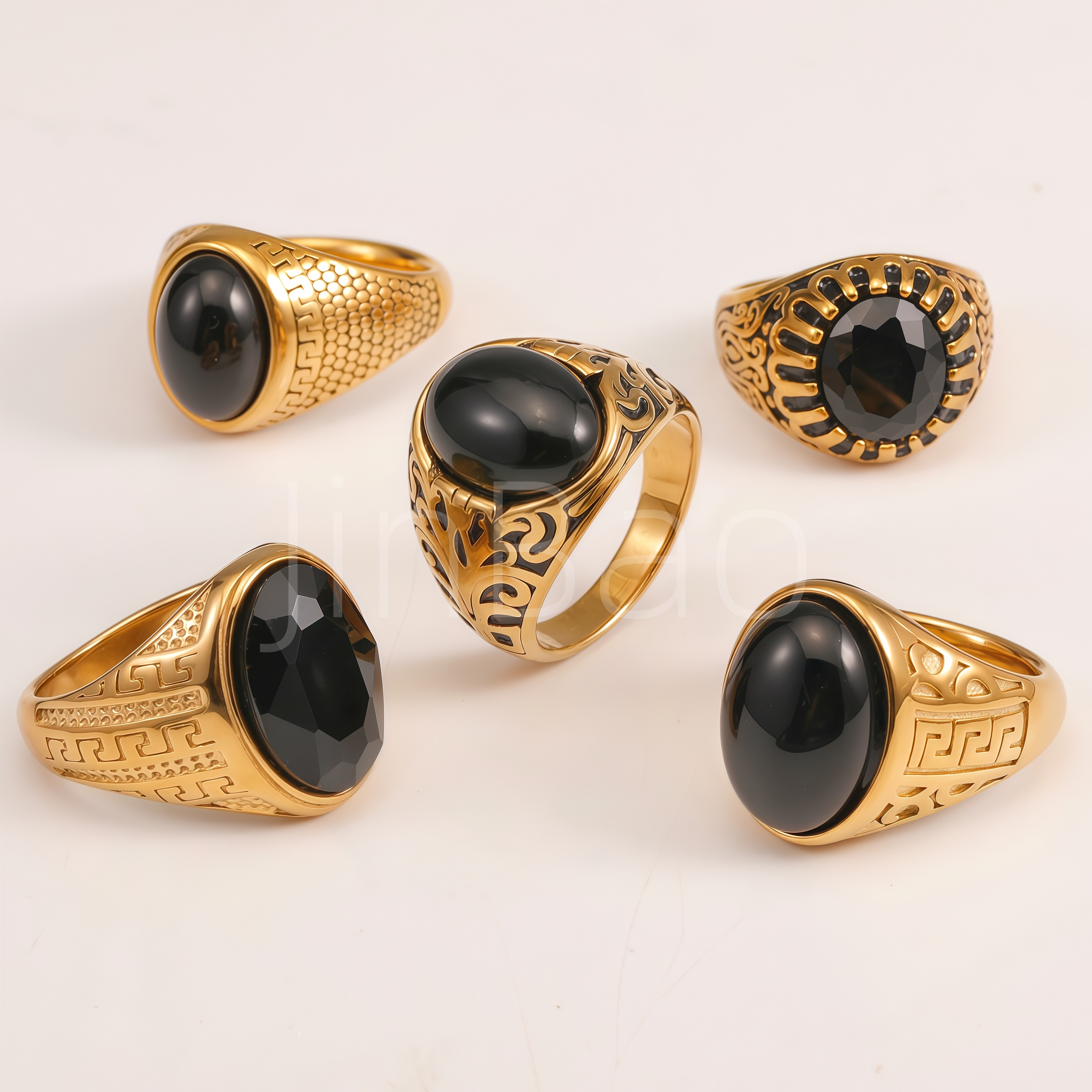 Vintage Carved Black Onyx Stainless Steel Men Finger Ring