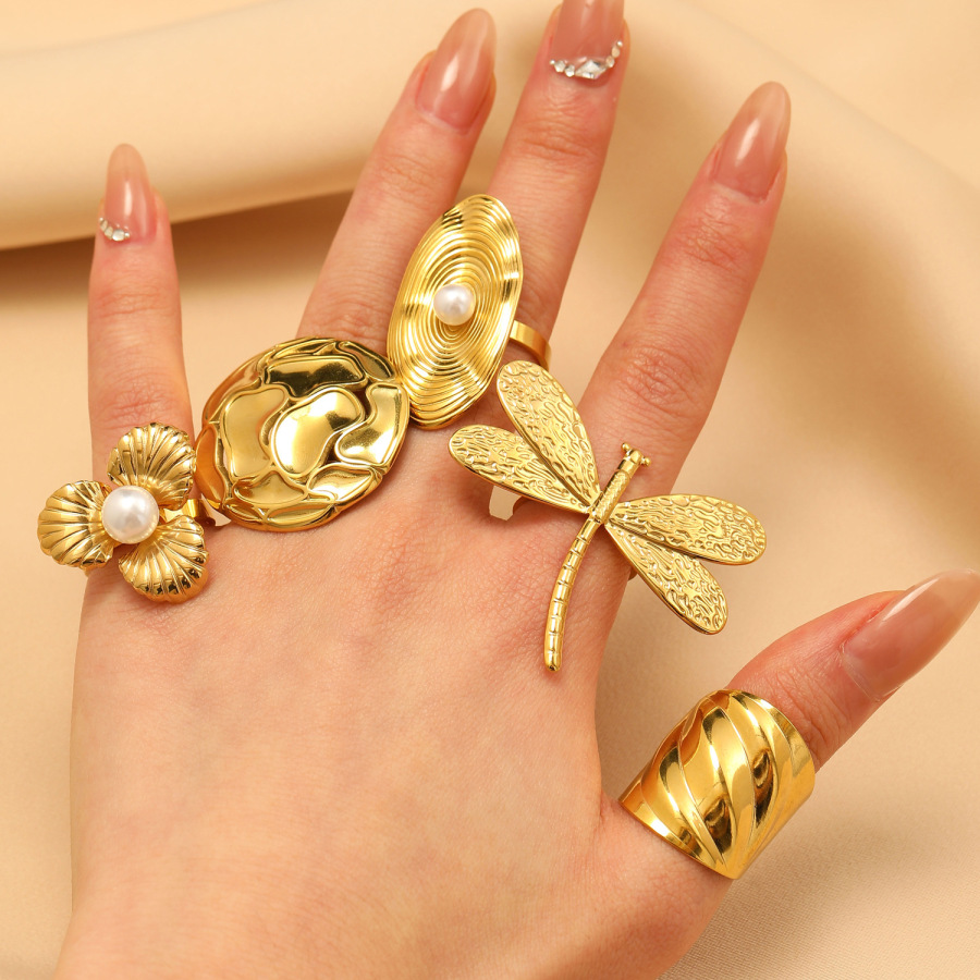 18K Real Gold Dragonfly Floral Simple Stainless Steel Ring