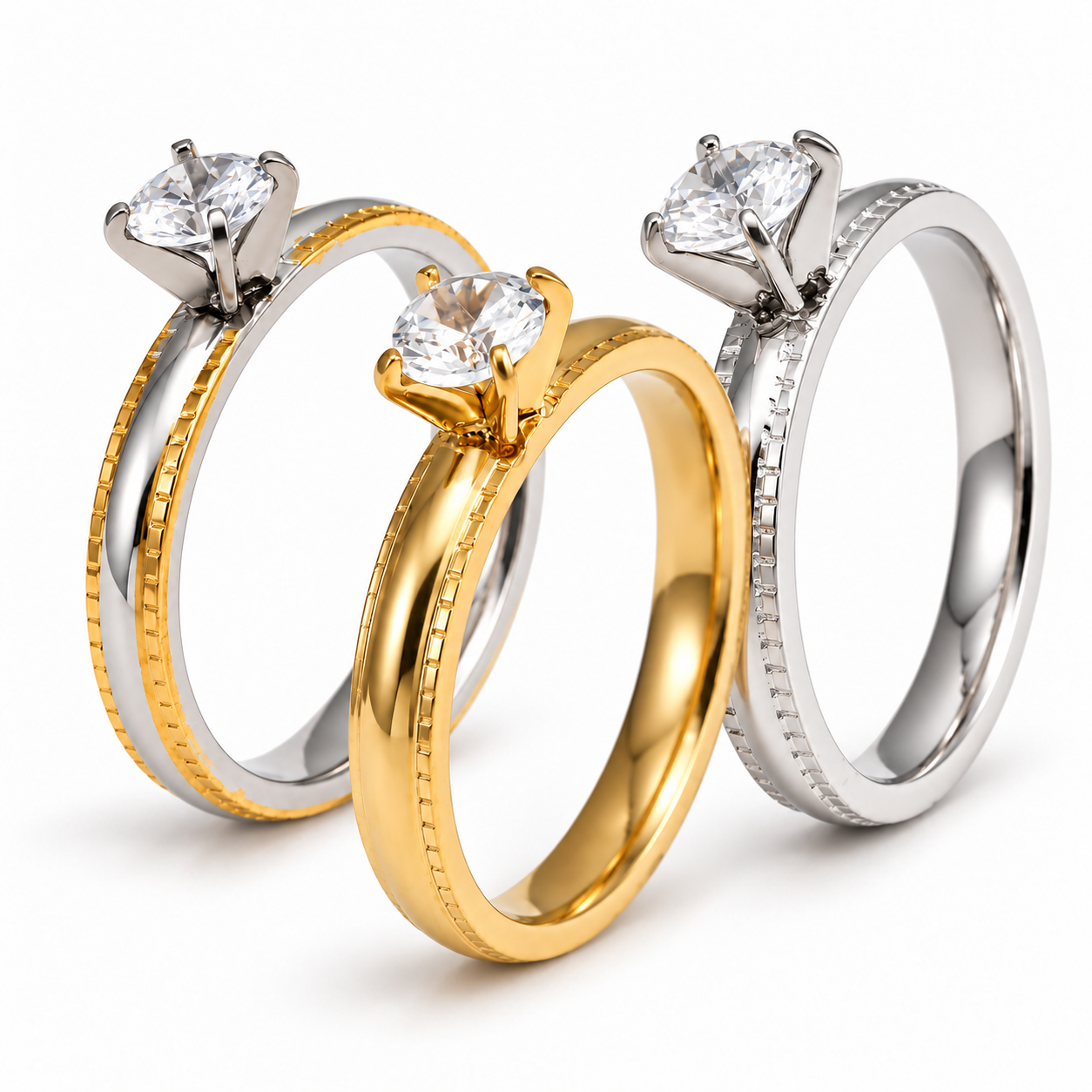 Vintage Knurled Edge CZ Solitaire Promise Ring Set for Women | C007