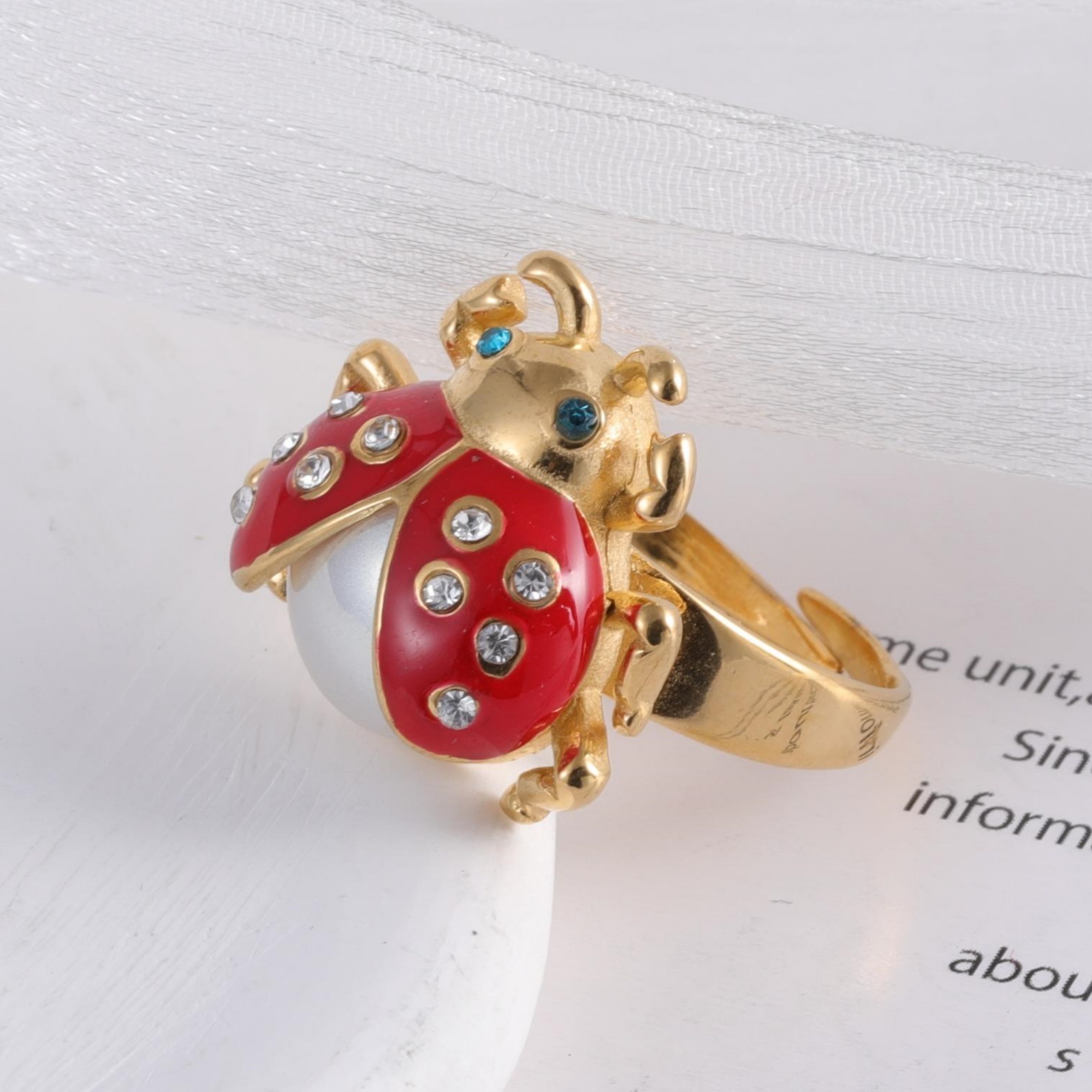 Cute lucky diamond-encrusted ladybug stainless steel Waterproof Waterproof Ring丨K007541J-JinBaoJewerly