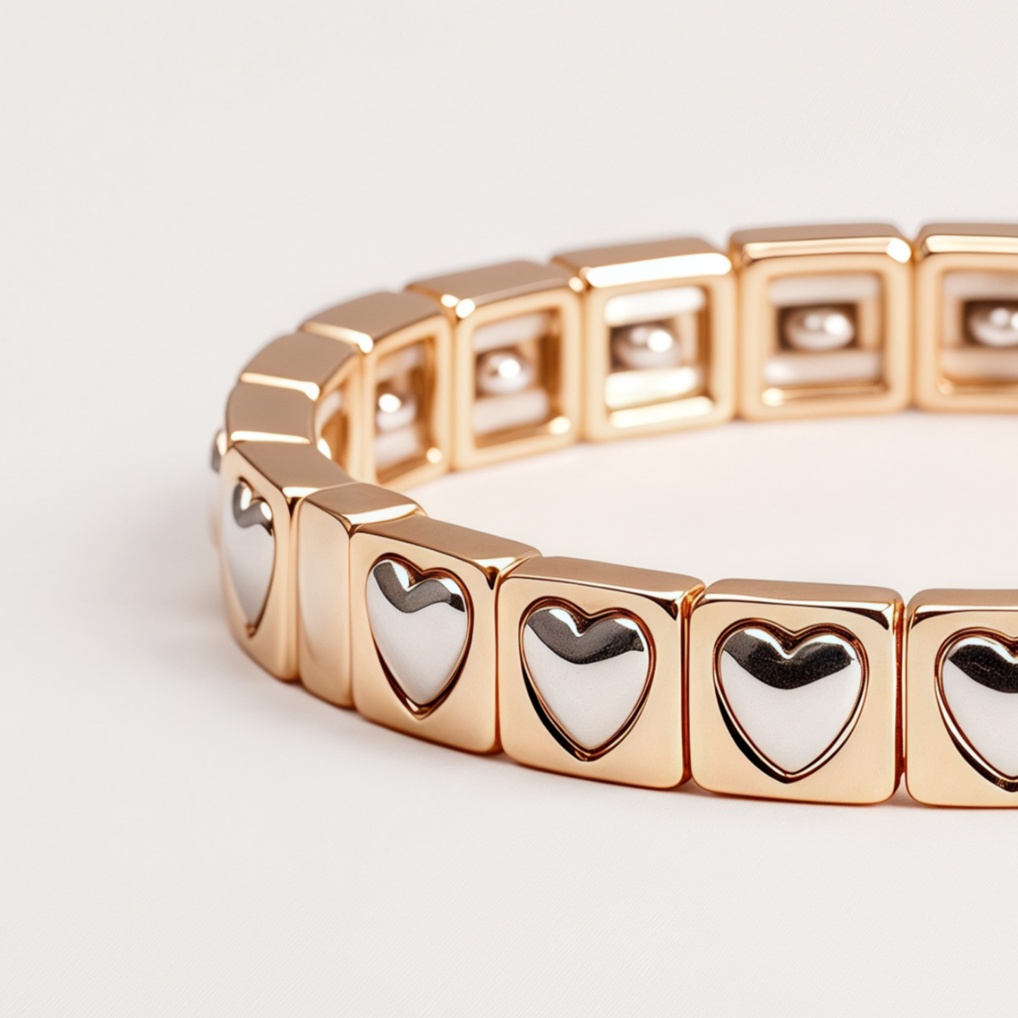 Women's Two-Tone Gold and Silver Heart Pattern Square Link Stretch Bracelet