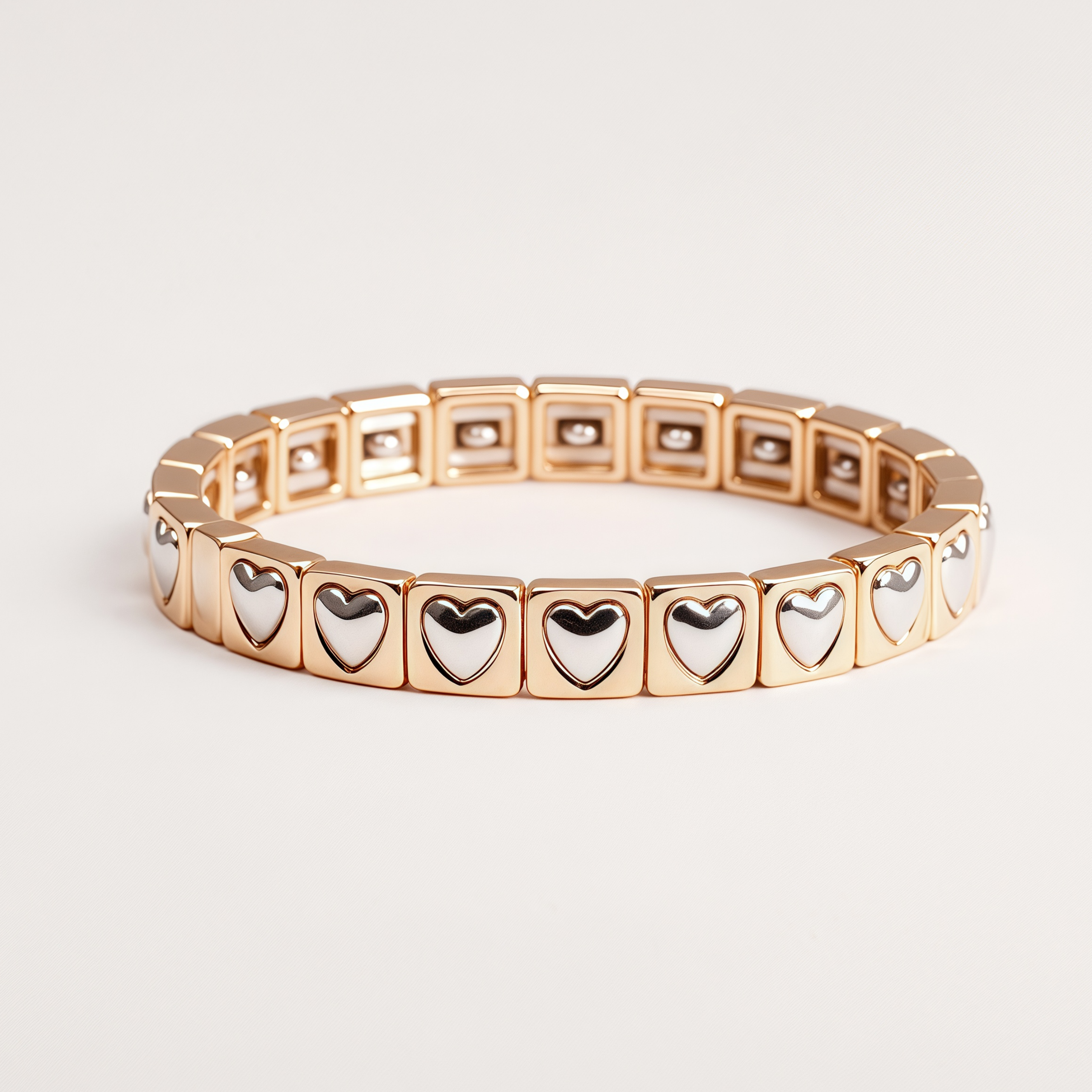 Women's Two-Tone Gold and Silver Heart Pattern Square Link Stretch Bracelet