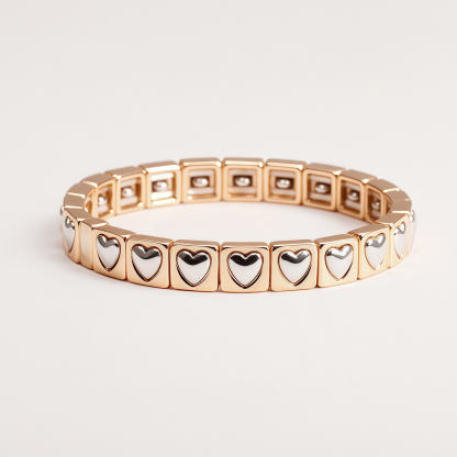 Women's Two-Tone Gold and Silver Heart Pattern Square Link Stretch Bracelet