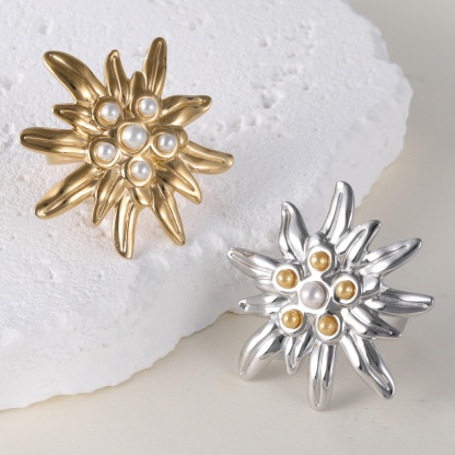 Elegant Ladies Flower Pearl Stainless Steel Ladies Waterproof Ring丨K003674-JinBaoJewerly