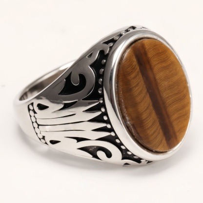 Silver - Inlaid Gemstone Carved Ring - Retro and Trendy Jewelry | K00680GH-JinBaoJewerly