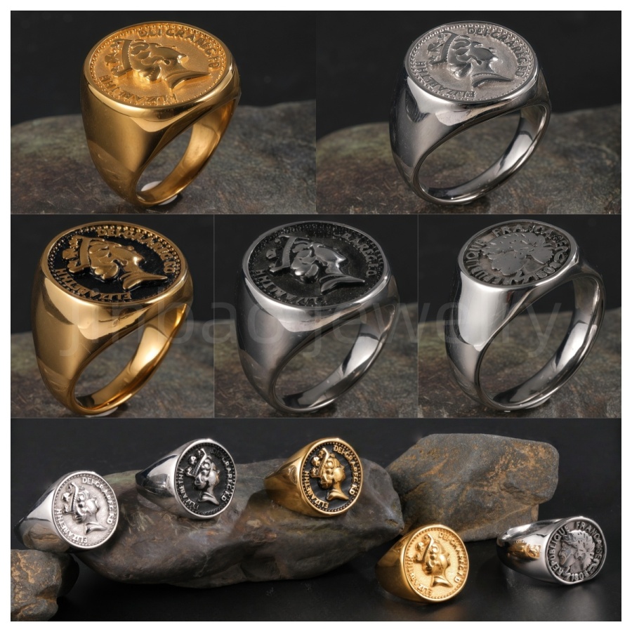 24K Gold PVD Stainless Steel Titanium Monarch's Coin Men's Ring