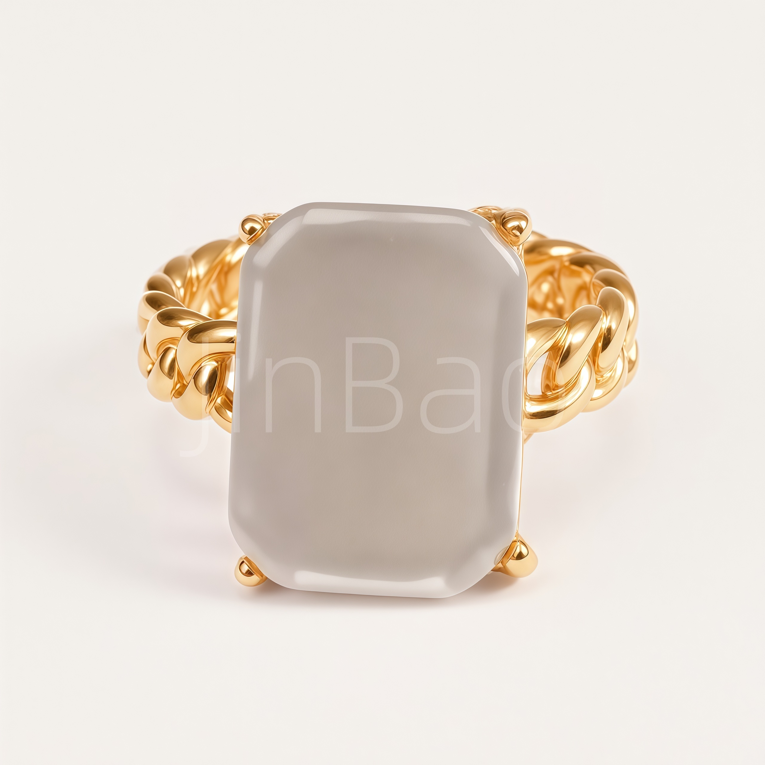 Square Grey Cat's Eye Stone Curb Chain Women's Ring | E00549