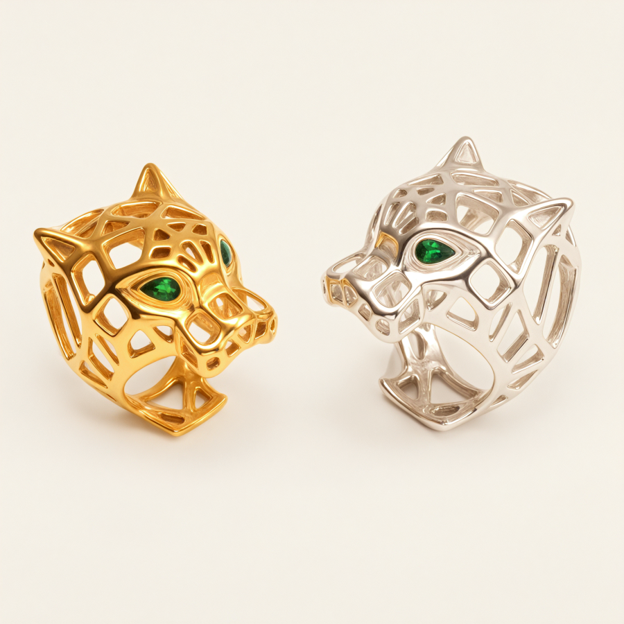 Stainless Steel Leopard Head Ring, Hollow with Green Eyes, Trendy Women's Ring丨G001002JLV