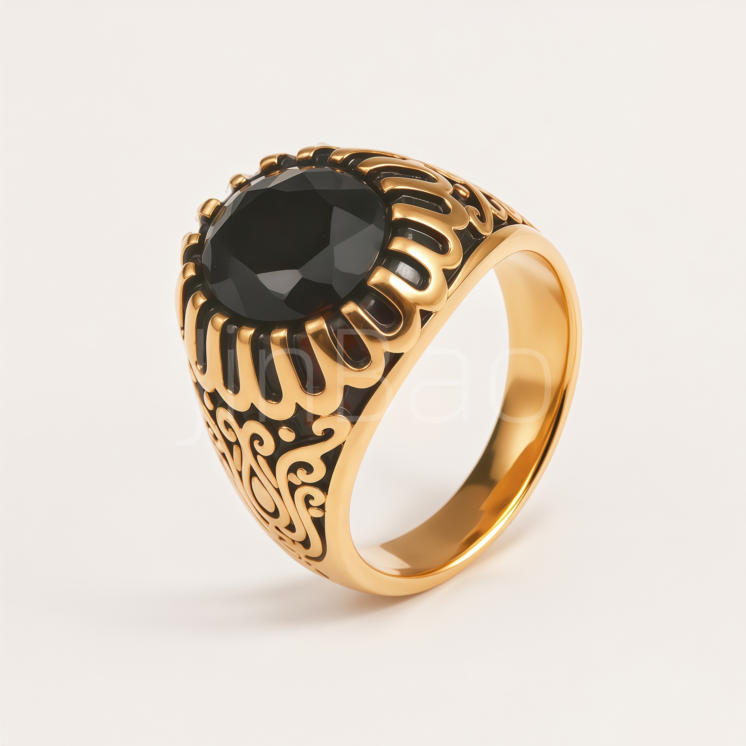 Vintage Carved Black Onyx Stainless Steel Men Finger Ring
