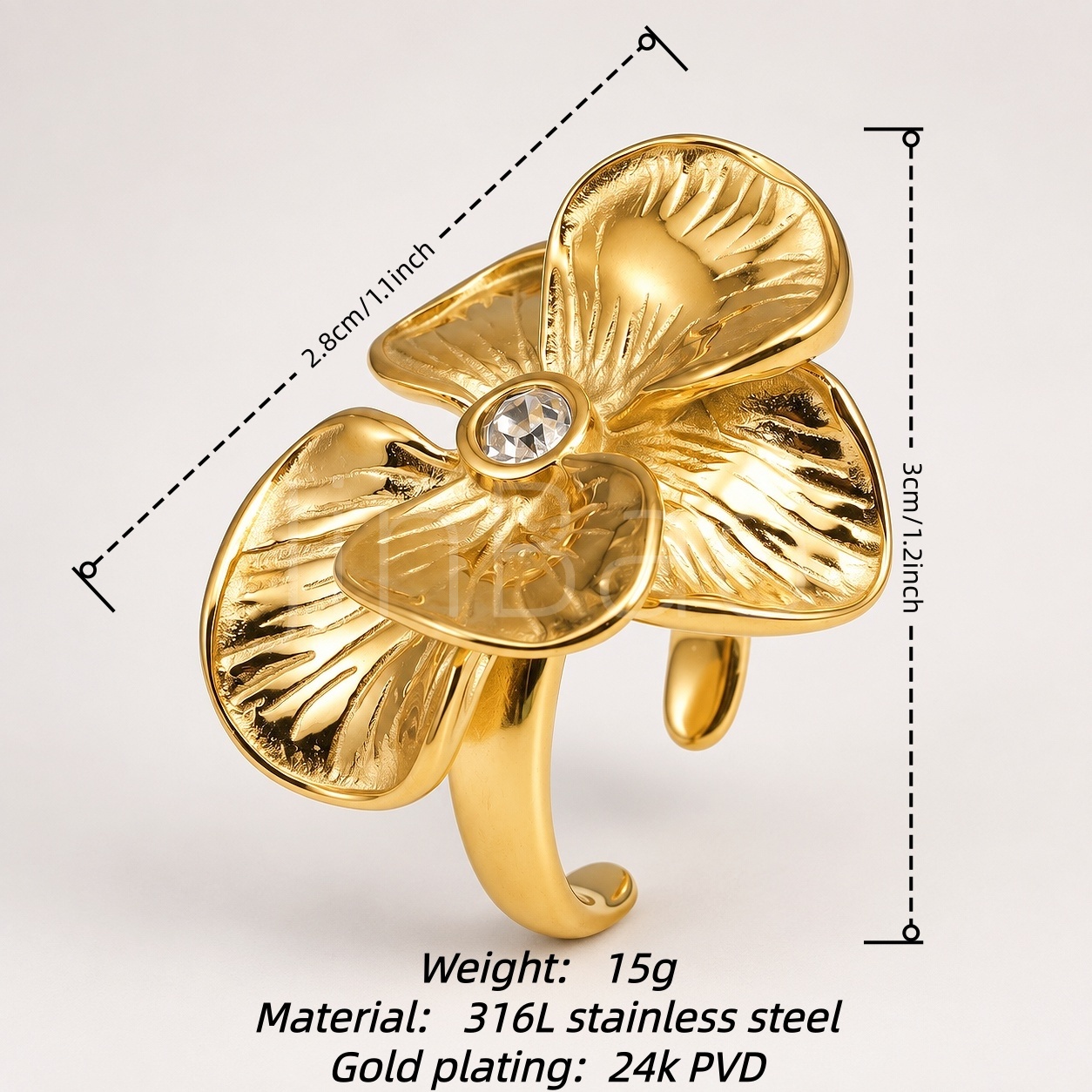 Textured Petal Flower Open Ring with Crystal for Women | E00597