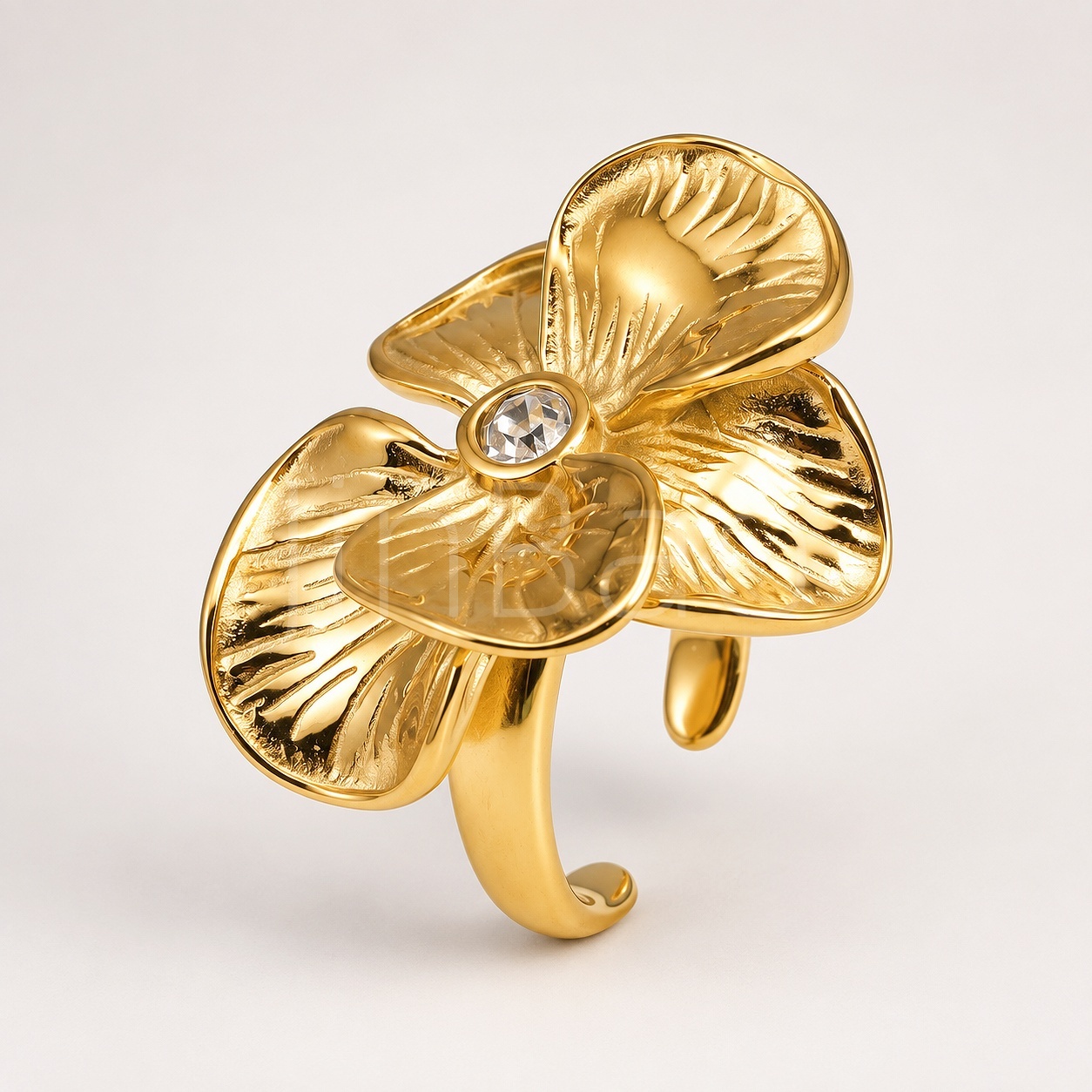 Textured Petal Flower Open Ring with Crystal for Women | E00597