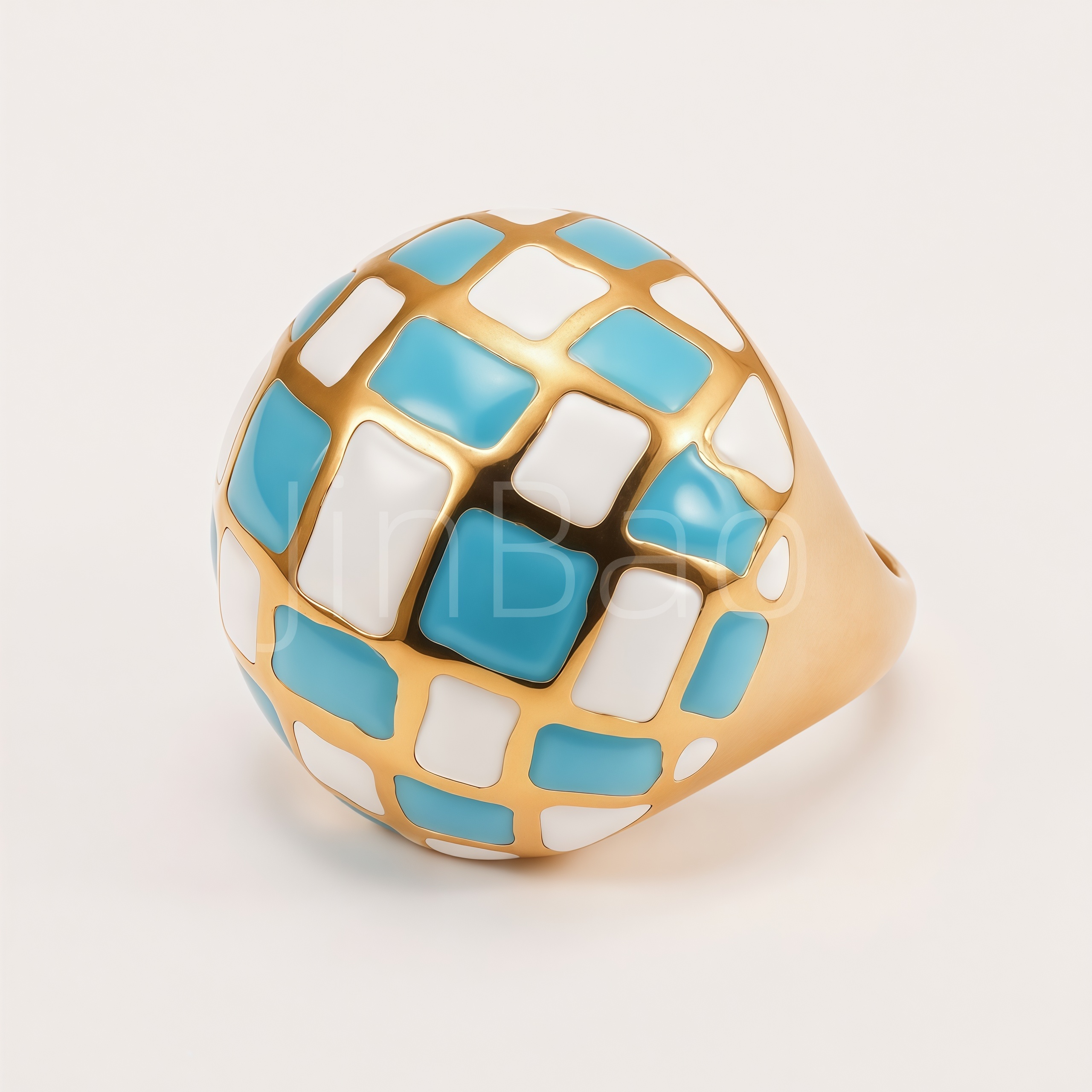 Chunky Blue‑White Checkerboard Enamel Women Ring | E00564