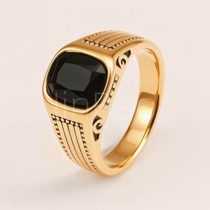 Vintage Engraved Striped Gemstone Signet Ring for Men | B121