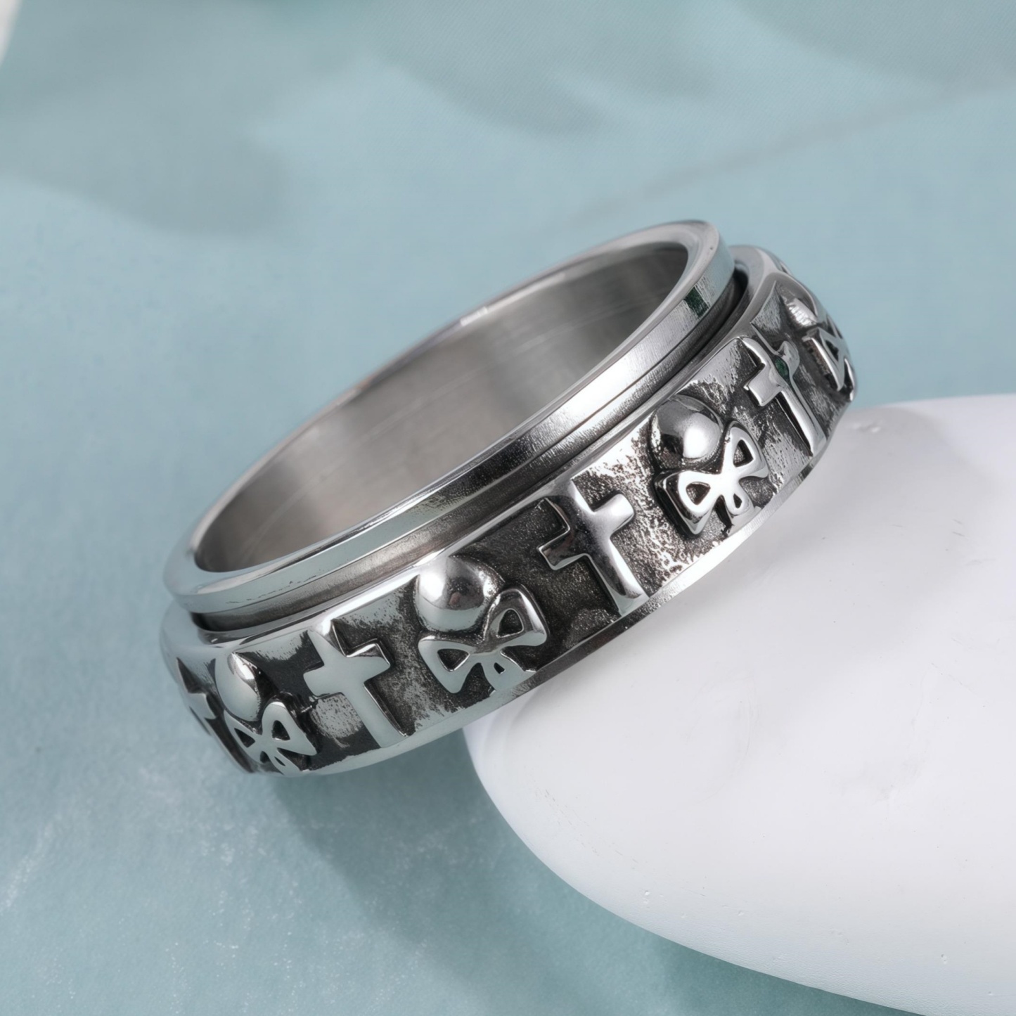 Vintage Hip-Hop Punk Skull Cross Design Rotating Stainless Steel Ring丨G002600-JinBaoJewerly