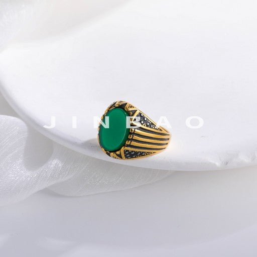 【单款】Gold Stainless Steel Ring with Green Stone and Black Accent Men Ring | K002756-JinBaoJewerly