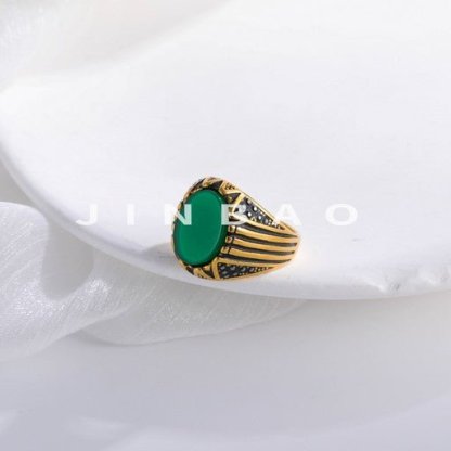 【单款】Gold Stainless Steel Ring with Green Stone and Black Accent Men Ring | K002756-JinBaoJewerly