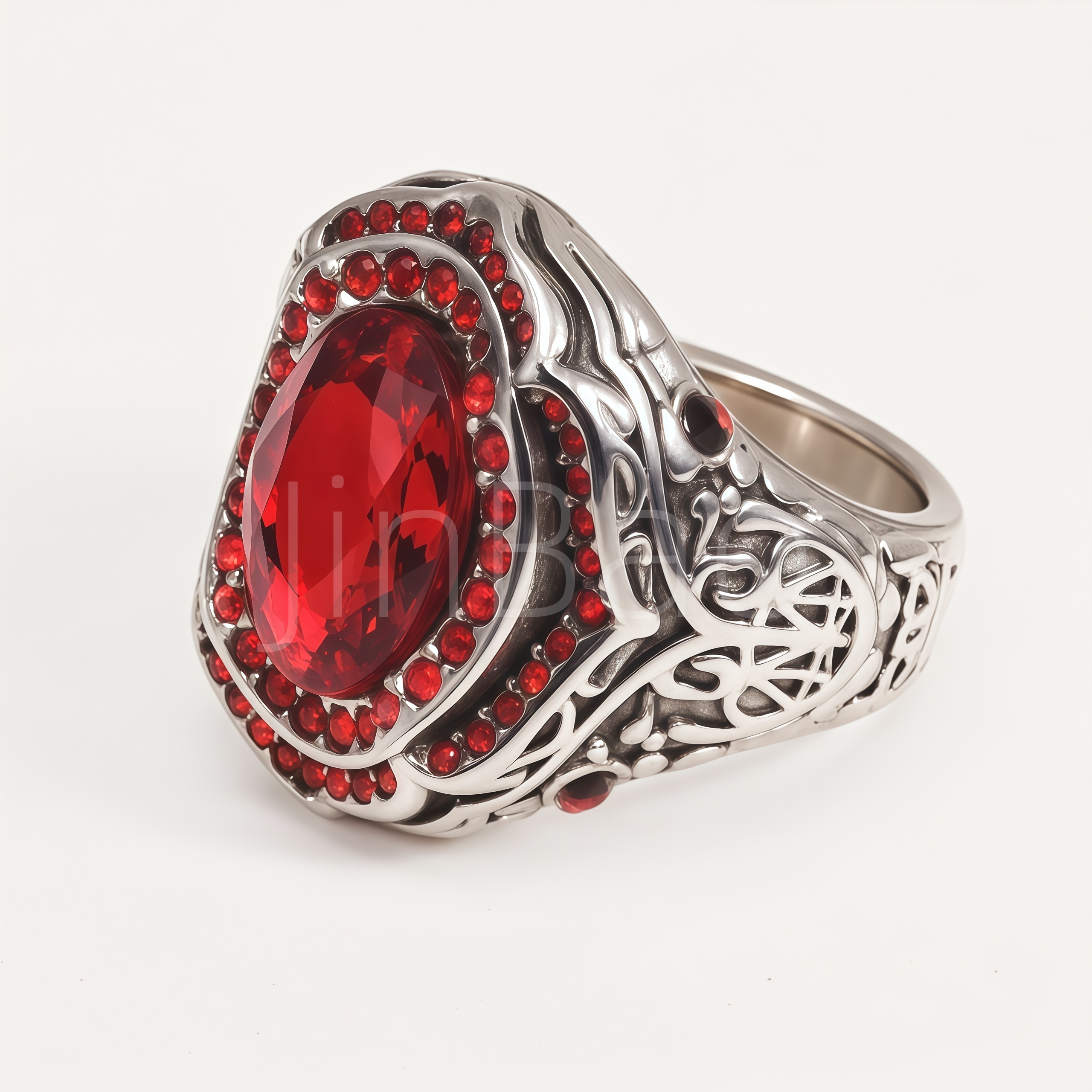 Oval Red CZ Multi‑Halo Vintage Filigree Men Ring | B180