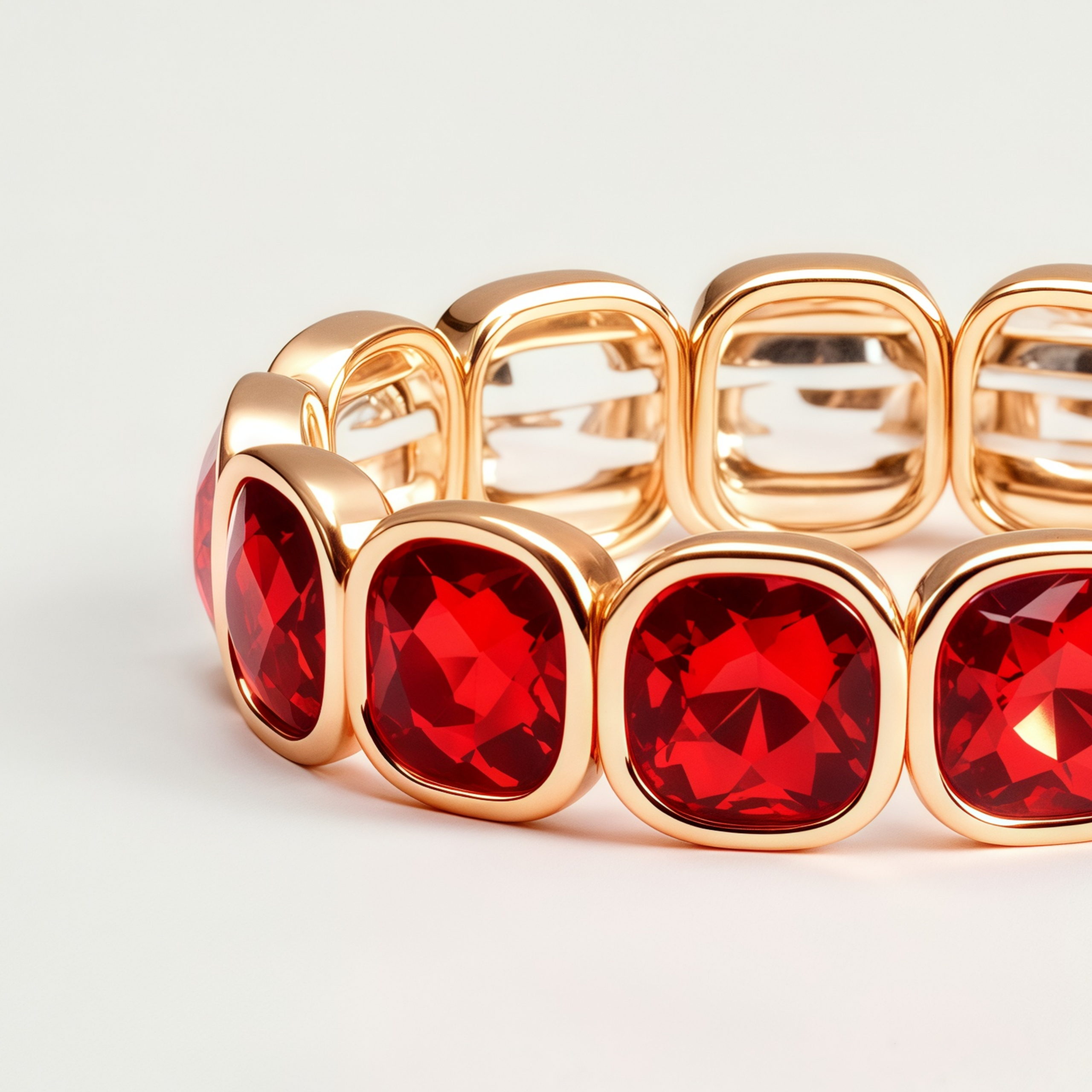 Vintage Style Red Gemstone Cushion Cut Gold Tone Elastic Bangle