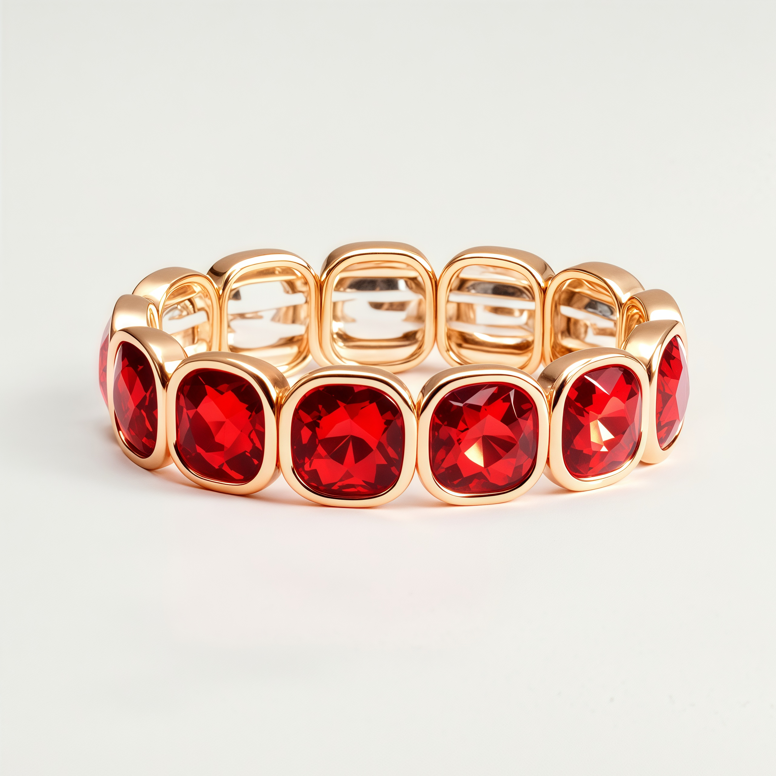 Vintage Style Red Gemstone Cushion Cut Gold Tone Elastic Bangle