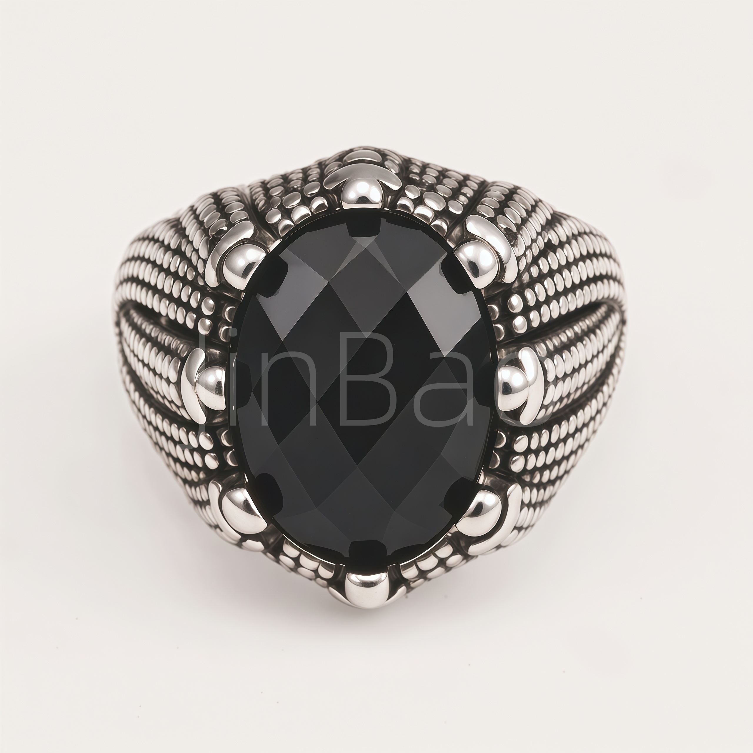 Antique Silver Tone Stainless Steel Mens Oval Black Gem Ring | B093