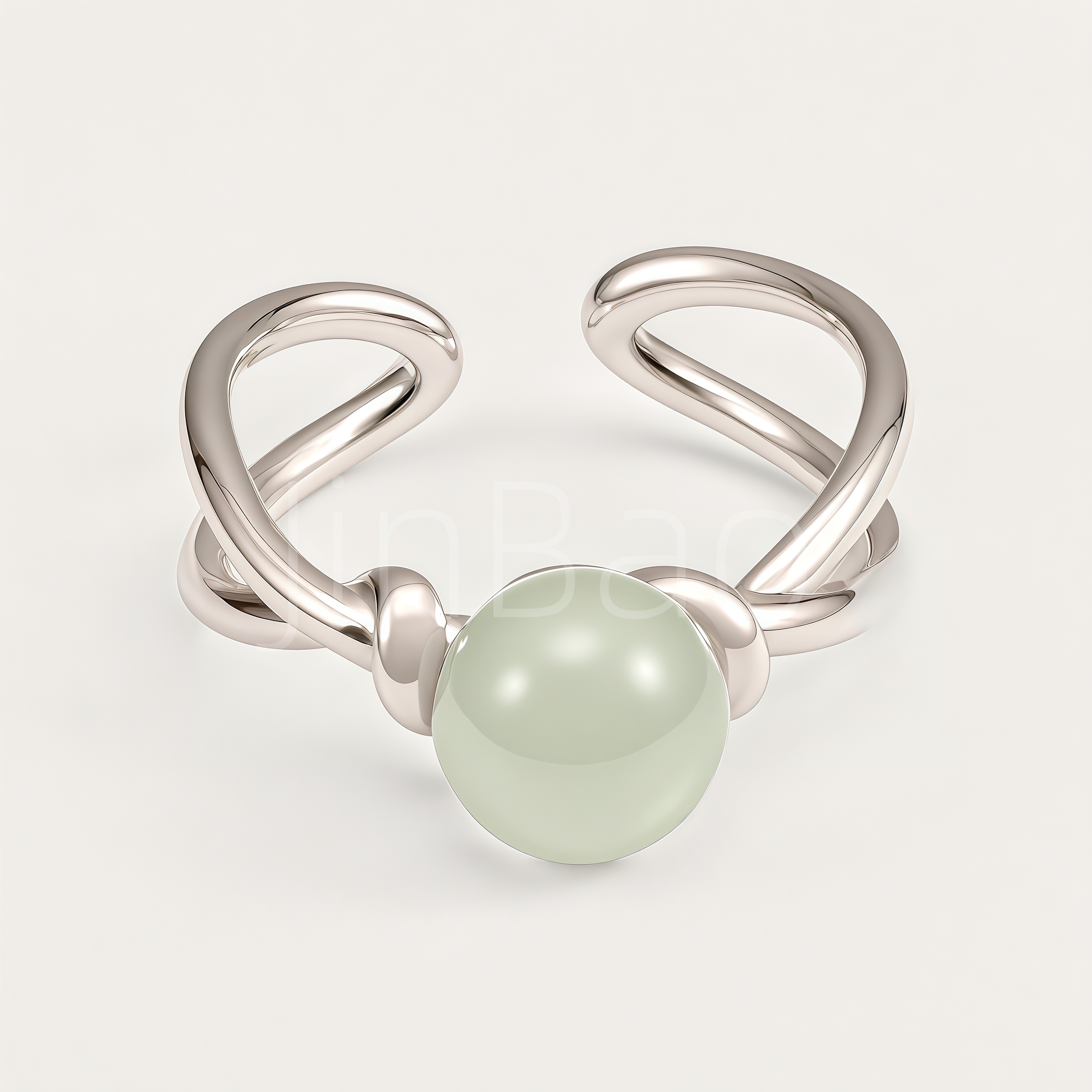 Sculpture Twist Open Women's Ring with White Jade Bead | N00412