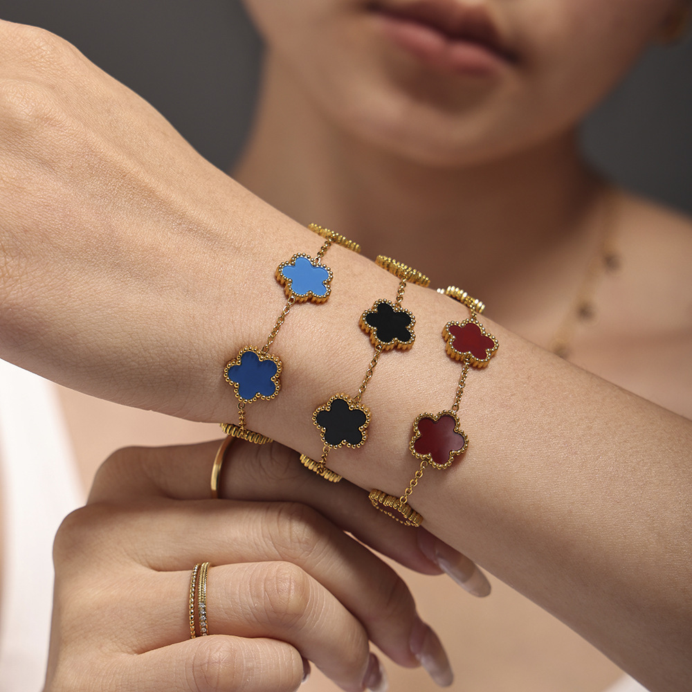 Multicolor Agate Five Petal Flower Stainless Steel Bracelet Light Luxury Gift for Best Friends Floral Chain Jewelry