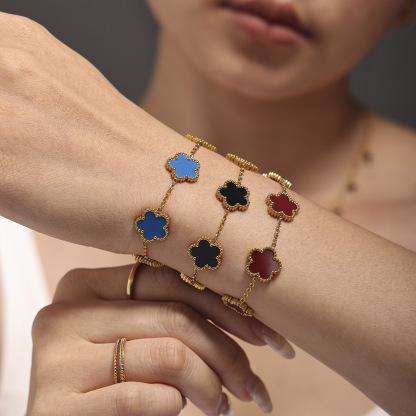 Multicolor Agate Five Petal Flower Stainless Steel Bracelet Light Luxury Gift for Best Friends Floral Chain Jewelry