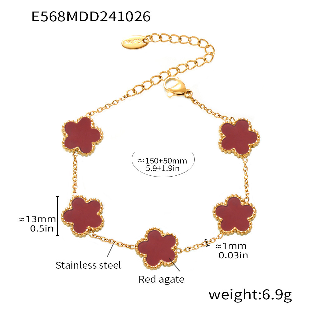 Multicolor Agate Five Petal Flower Stainless Steel Bracelet Light Luxury Gift for Best Friends Floral Chain Jewelry